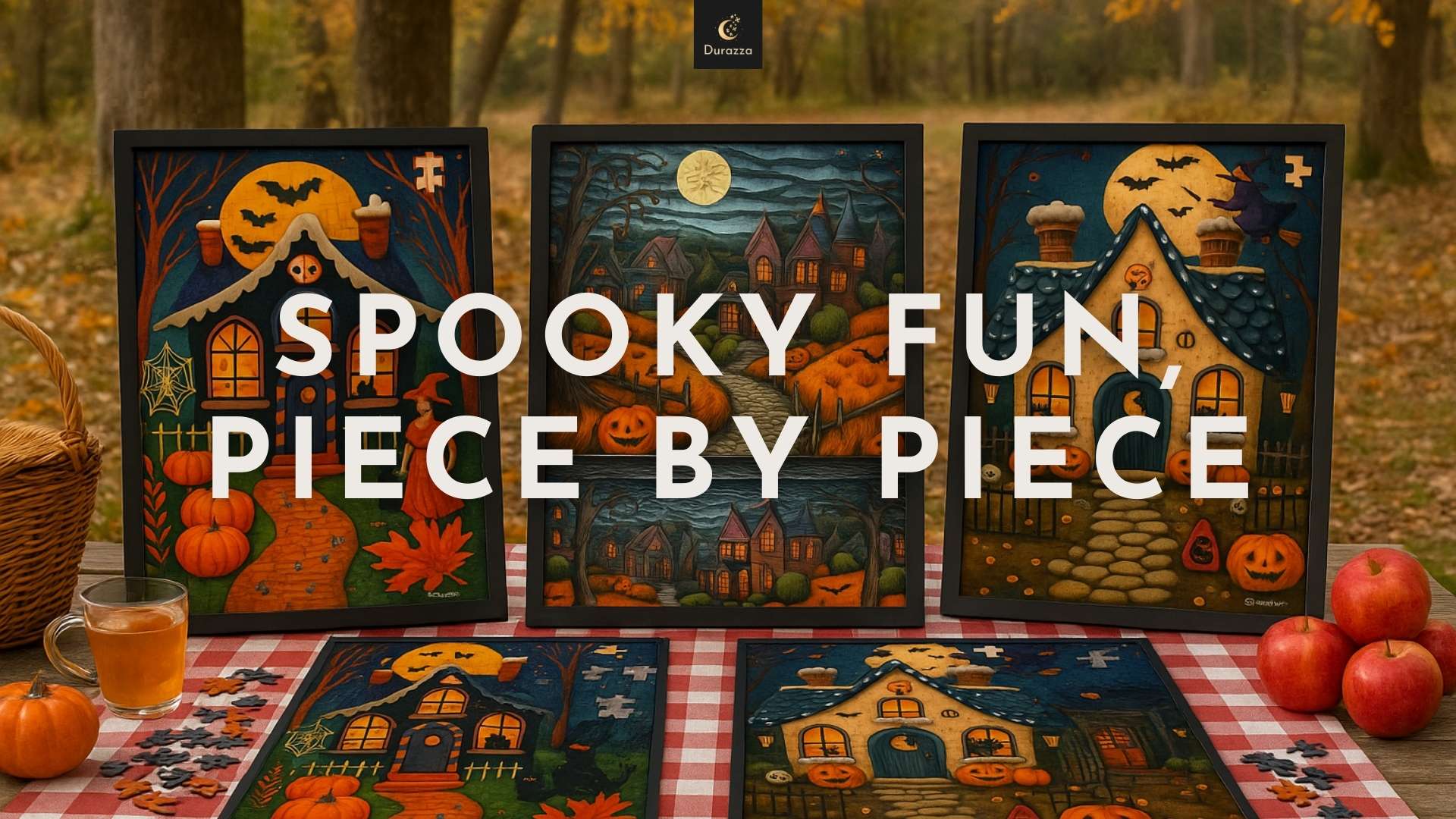 Three Halloween puzzles on a picnic table in autumn woods with apples, cider, and scattered pieces mid-assembly.