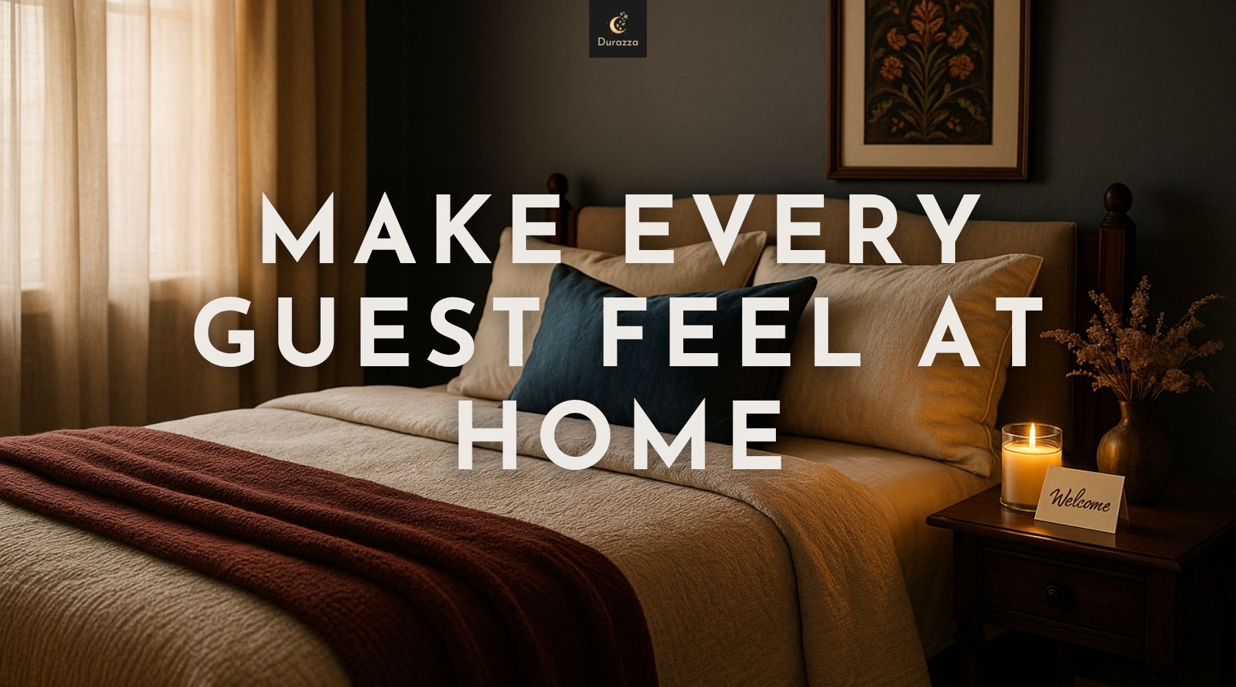 Cozy guest bedroom with warm lighting, burgundy throw, sapphire pillow, candlelit nightstand, and dark blue accent wall.