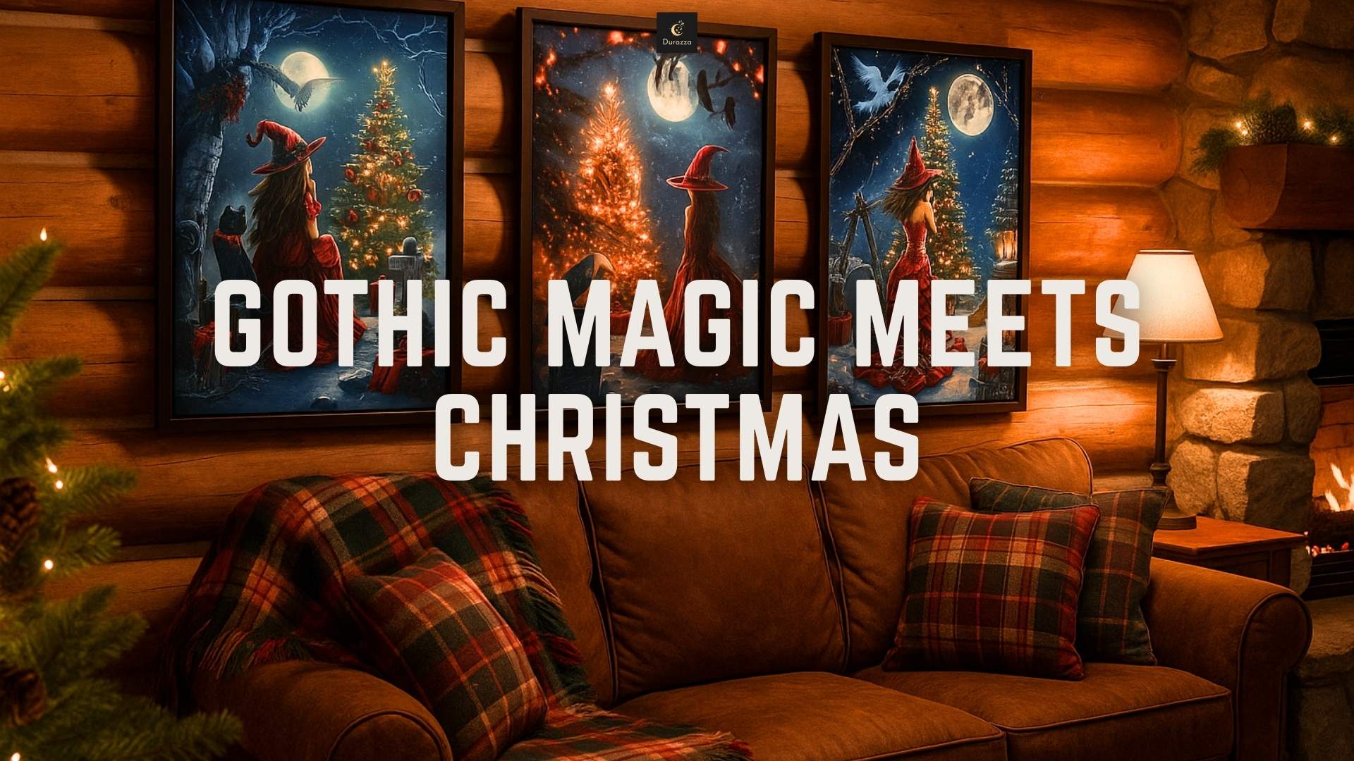 Witchy Christmas wall art trio above cozy sofa with plaid blankets and pillows in a rustic holiday living room.