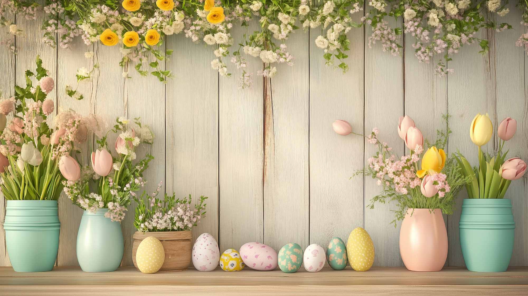 Easter Preparations for a Cozy Home with a wood wall, flower pots and Easter eggs.