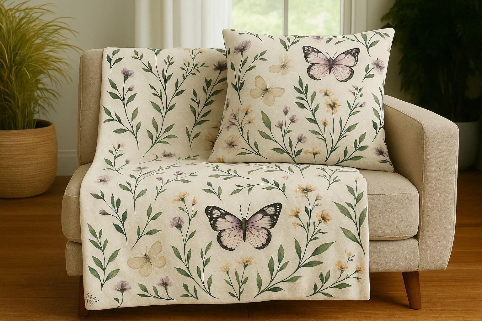 A cozy beige armchair by the window features a floral throw blanket and matching butterfly pillow in soft pastel tones.