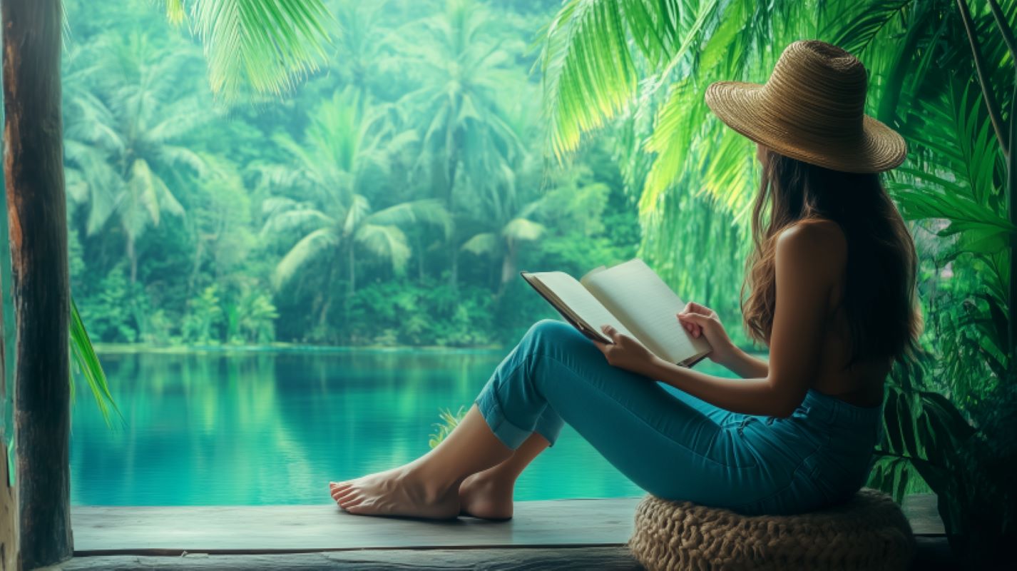 A woman sitting and writing in her journal while on vacation in the tropics.