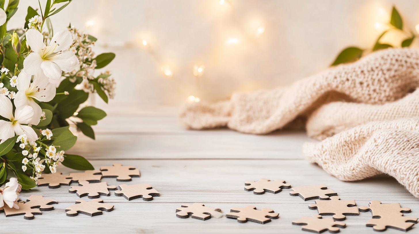 A cozy reading nook with soft lighting, a steaming cup of tea, and a half-finished wooden jigsaw puzzle, creating a peaceful ambiance.