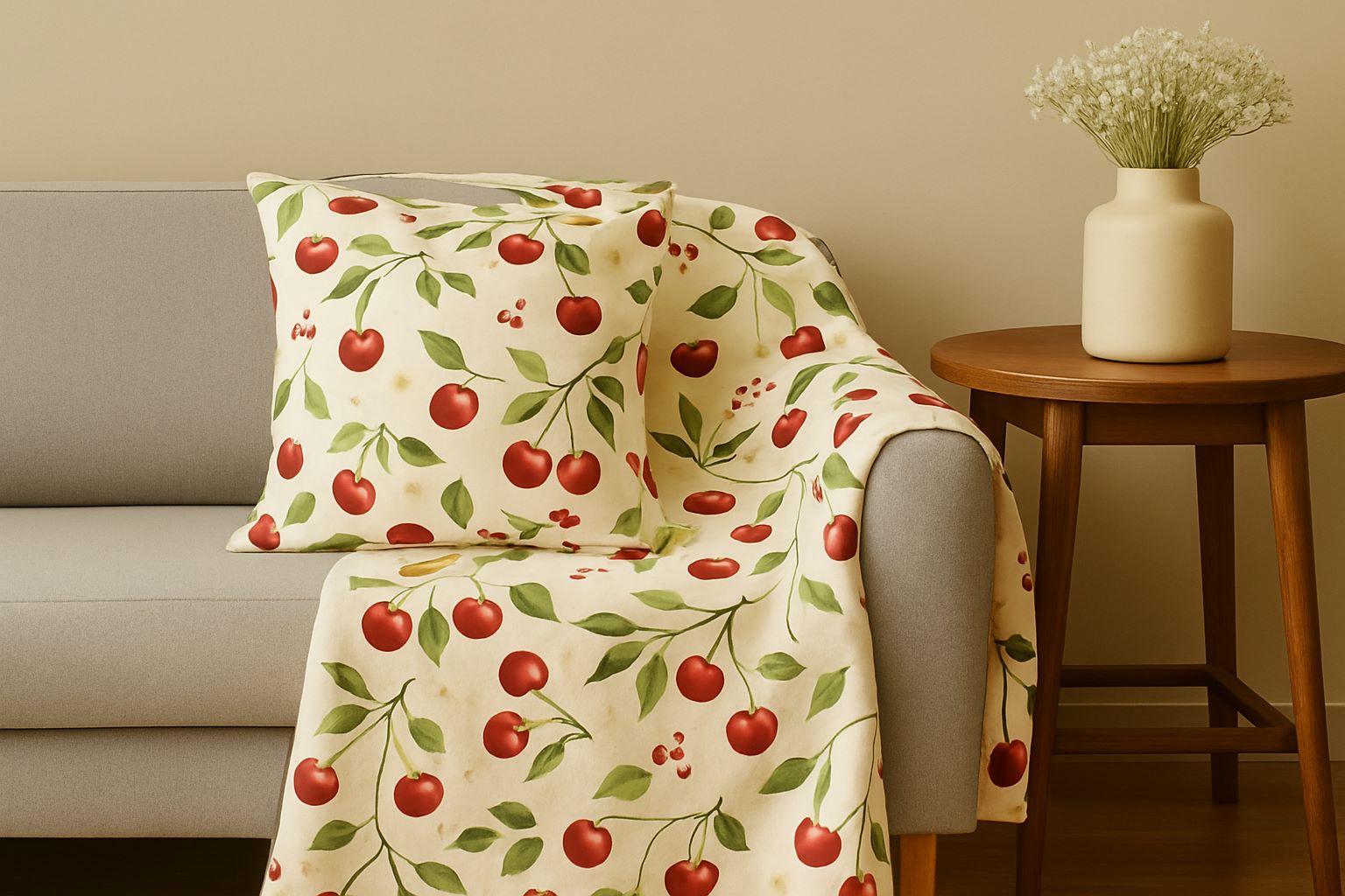 Cherry-themed throw blanket and matching pillow styled on a beige sofa in a softly lit living room with natural light and warm, airy tones.