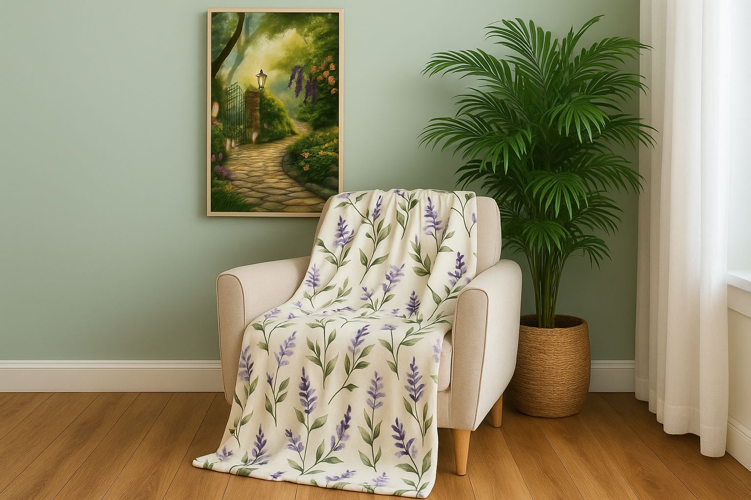 Cozy living room corner with a beige armchair draped in a lavender floral blanket, framed garden pathway wall art above, and a plant-filled vase.