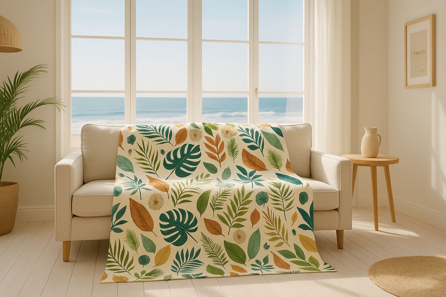 A bright coastal living room with whitewashed wood floors, a linen sofa by large windows overlooking the ocean, lush potted palms, and the leafy green-and-brown Palm Drift blanket draped across the seat.