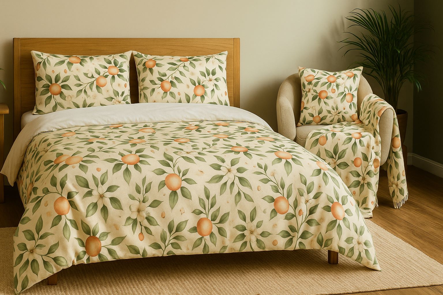 Cozy bedroom featuring a peach-themed duvet and matching blanket with soft citrus prints, styled with warm wood furniture and natural light.