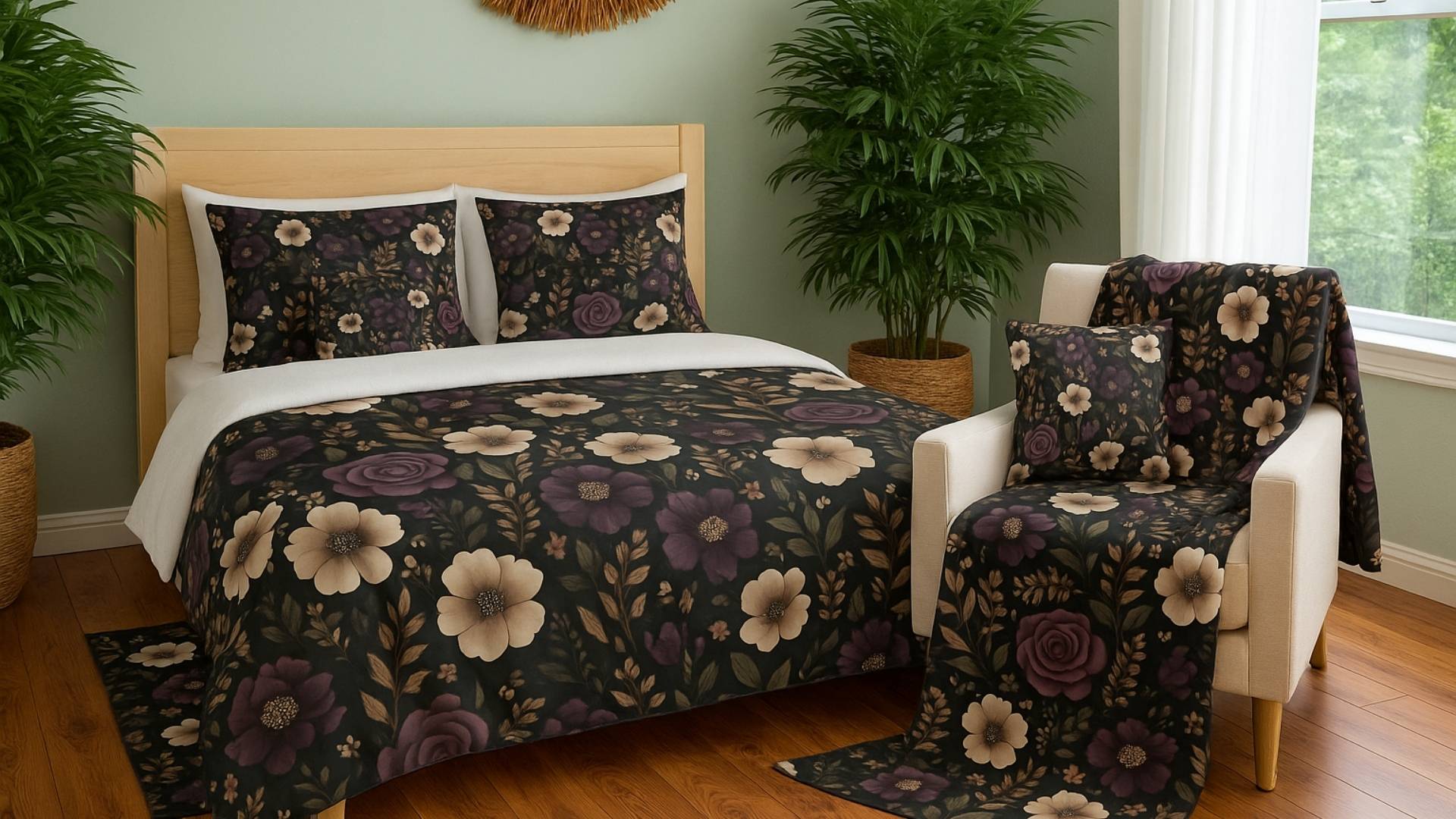 A cozy bedroom featuring a floral-patterned bedspread, matching throw pillow, and blanket in deep plum, cream, and olive tones.