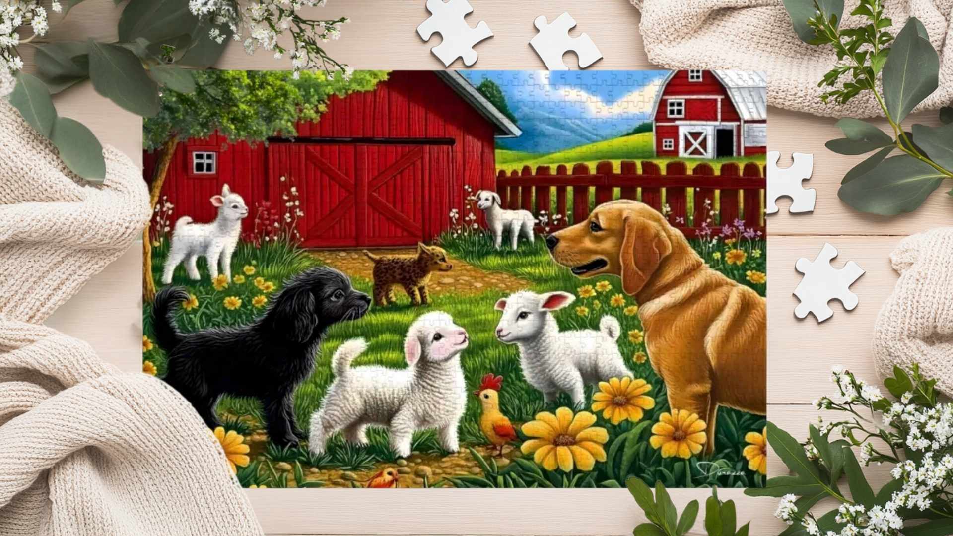 A bright farmyard scene featuring a red barn, playful baby goats, fluffy white lambs, a golden retriever, a black puppy, and tiny chicks exploring a sunny field of wildflowers.