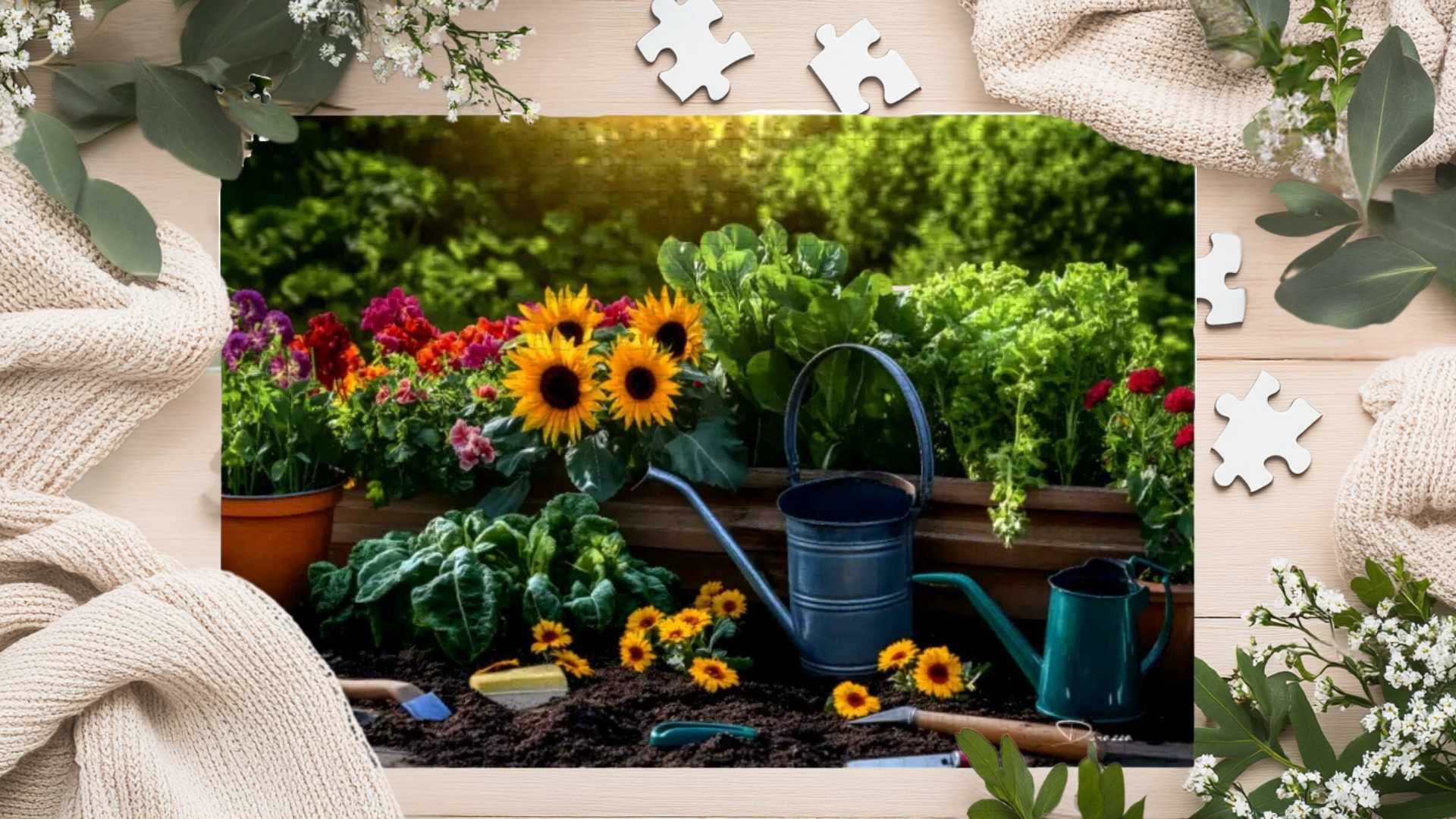 A bright and colorful gardening-themed jigsaw puzzle featuring blooming flowers, homegrown vegetables, and warm spring sunshine.