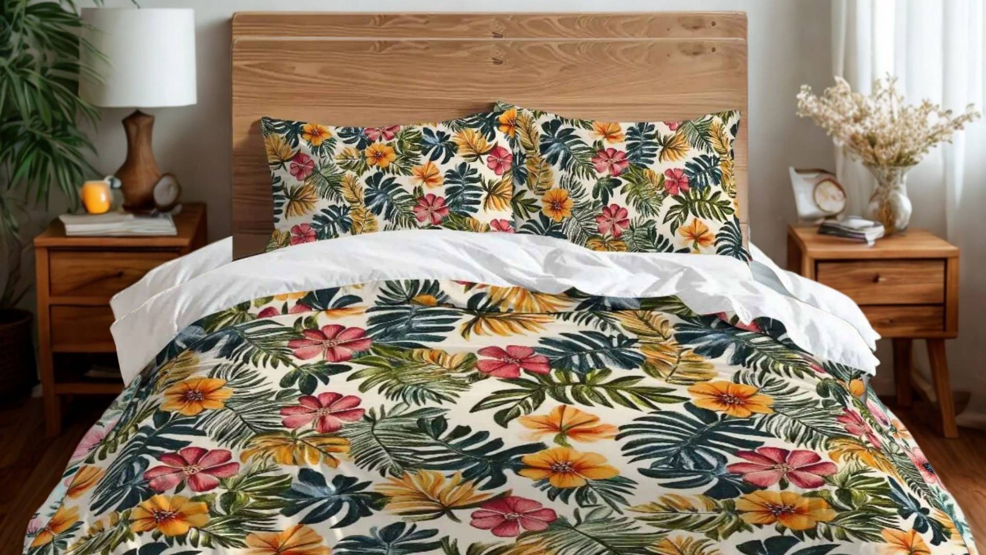 Tropical duvet cover set with blue and green leaf print with flowers on cozy bed with neutral linens and indoor plants for a breezy bedroom refresh.