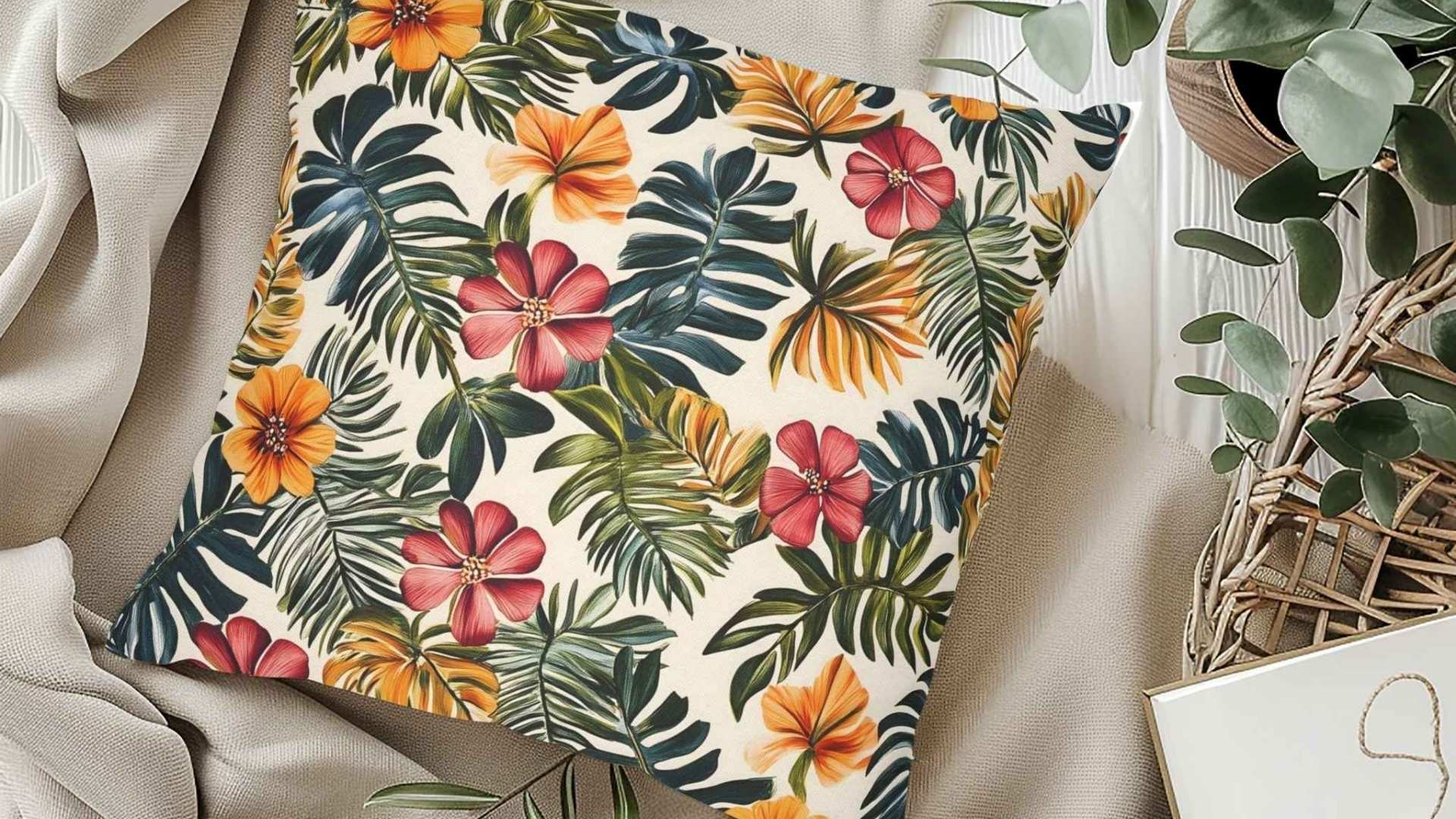 Tropical throw pillow with leaf print styled on beige fabric in sunny room with soft textures and calming island-inspired decor.