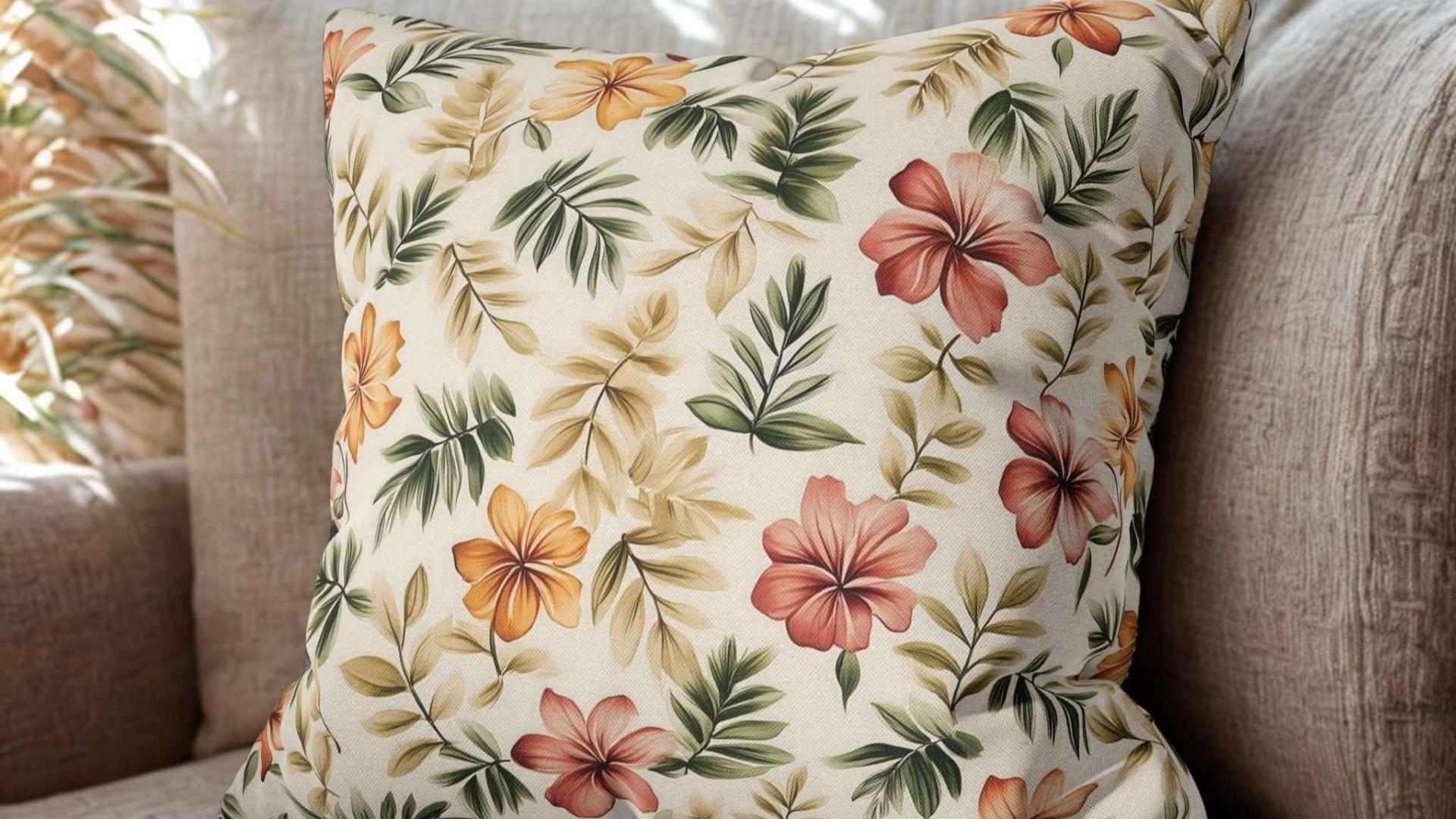 Hibiscus floral throw pillow styled on neutral sofa with rattan decor and botanical accents for cozy boho jungle home styling.