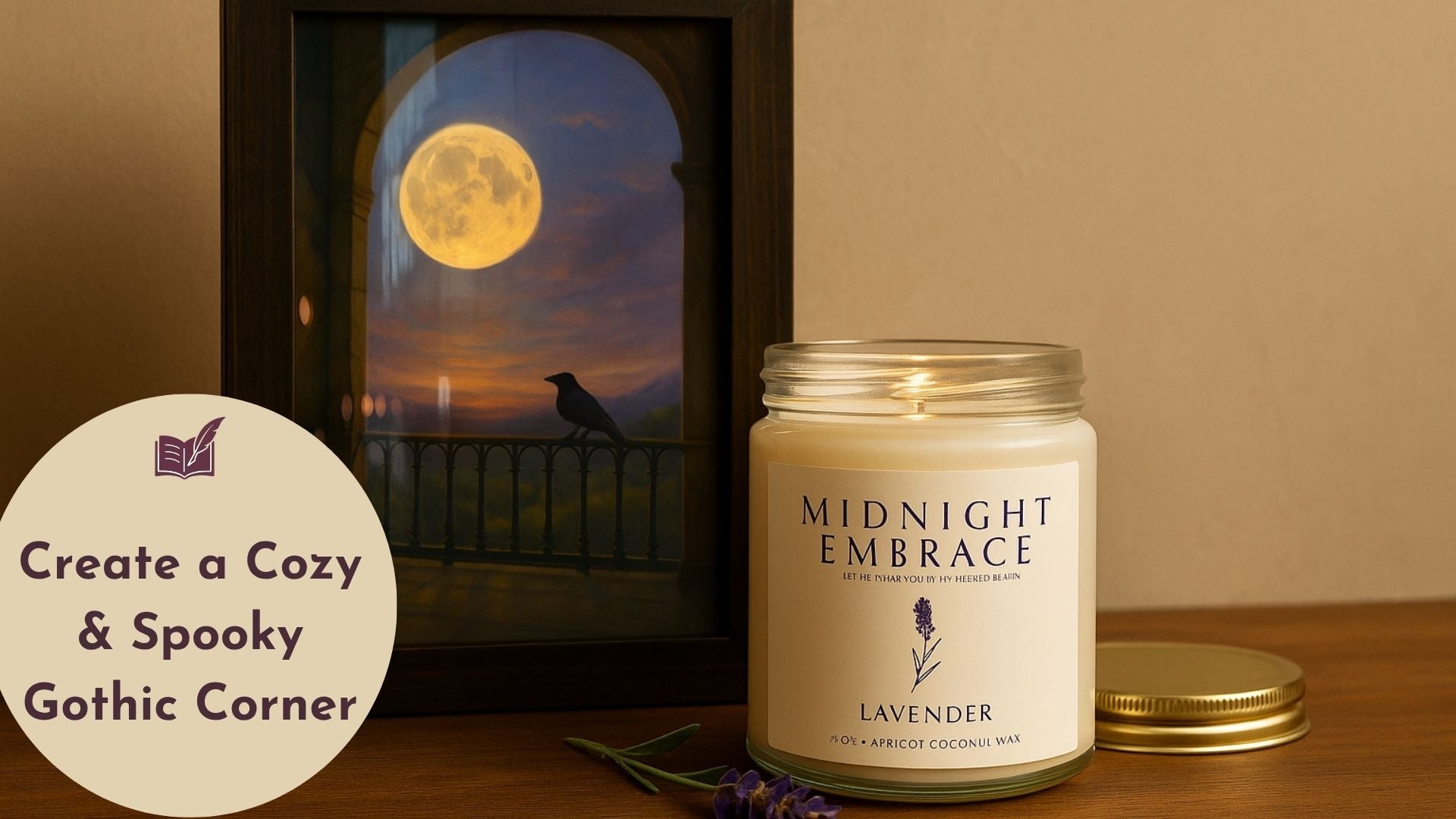Soft gothic wall art with raven and moon sitting next to a Lavender candle with gold lid.