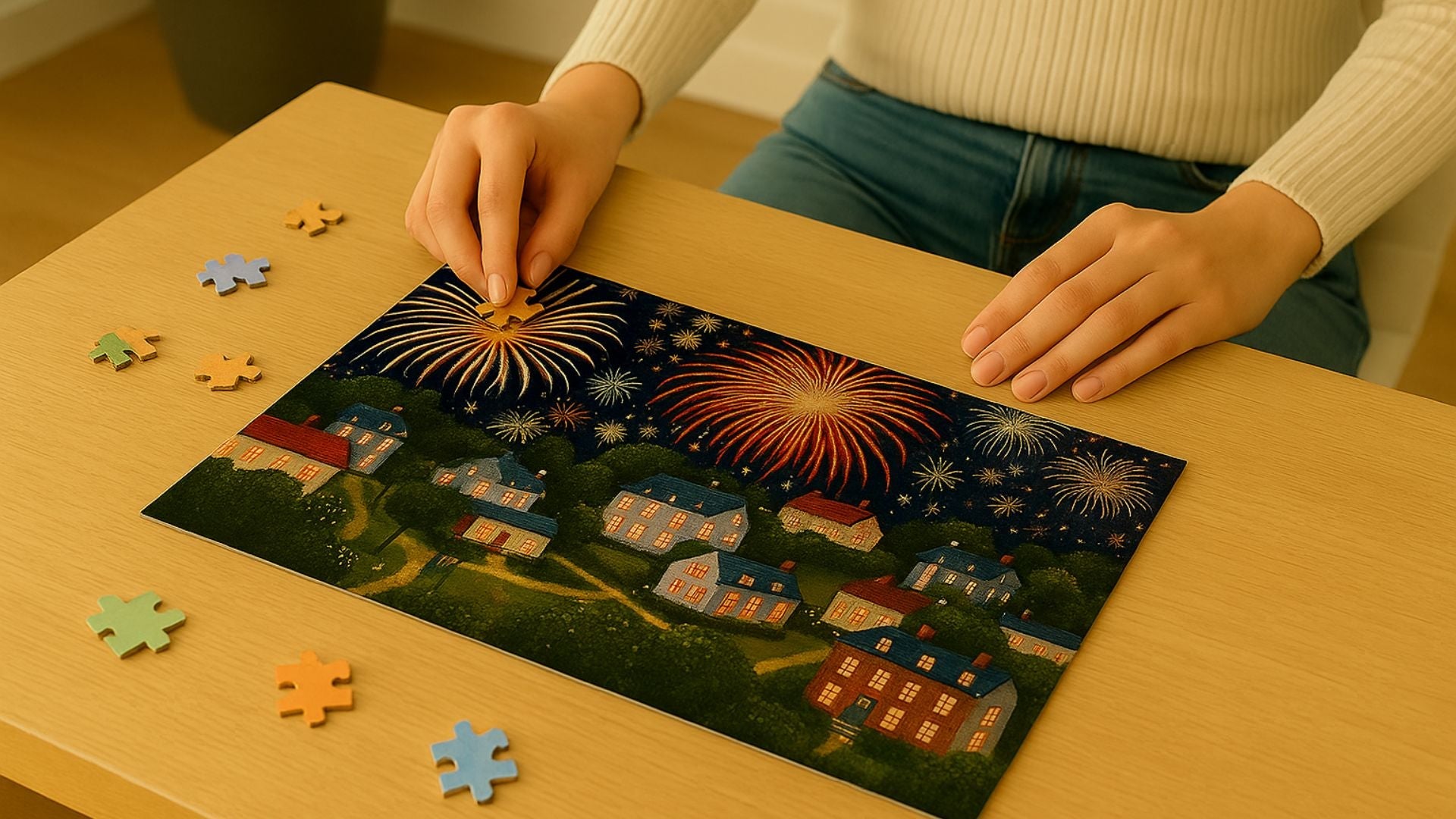 Hands assembling a colorful fireworks jigsaw puzzle featuring a vibrant night sky over a village scene, with natural light streaming onto a wooden table.