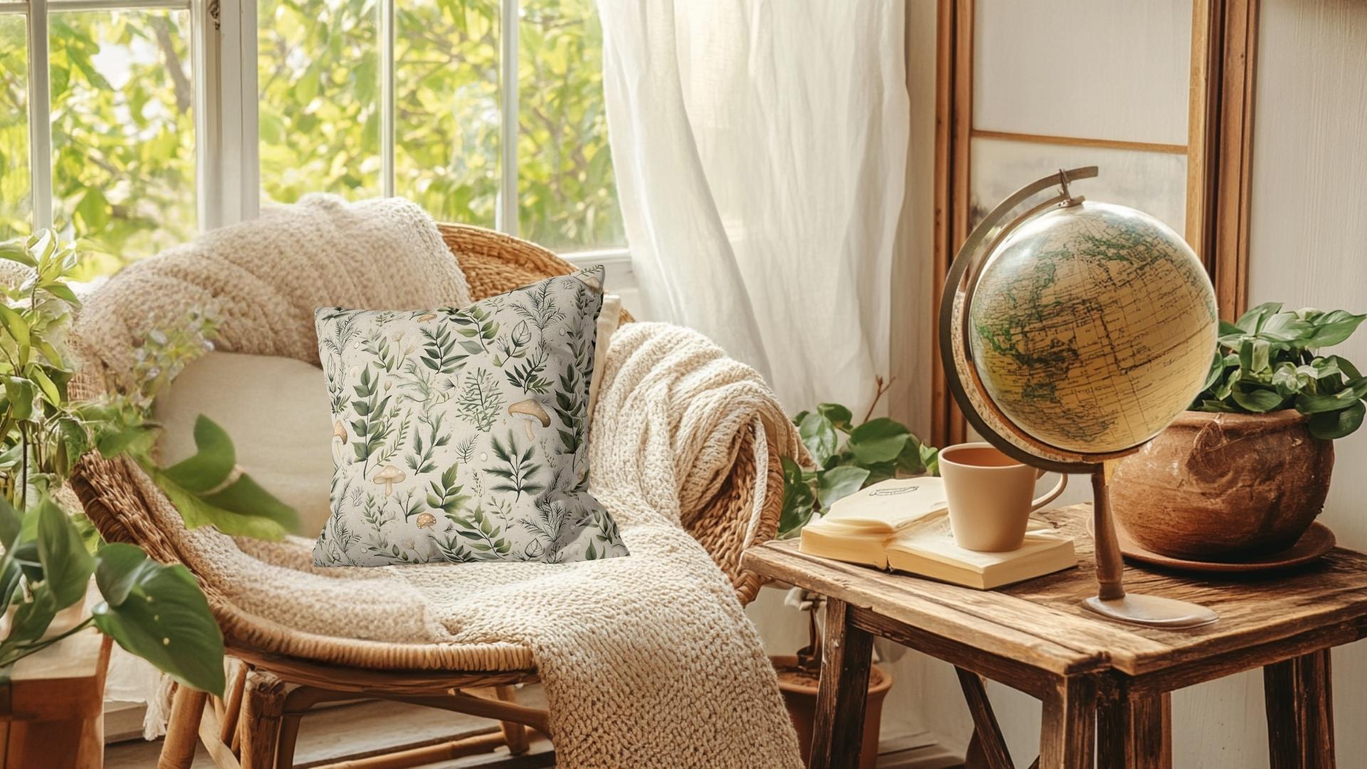 Earthy green and beige mushroom throw pillow on neutral couch with soft lighting, creating a cozy and inviting living space.
