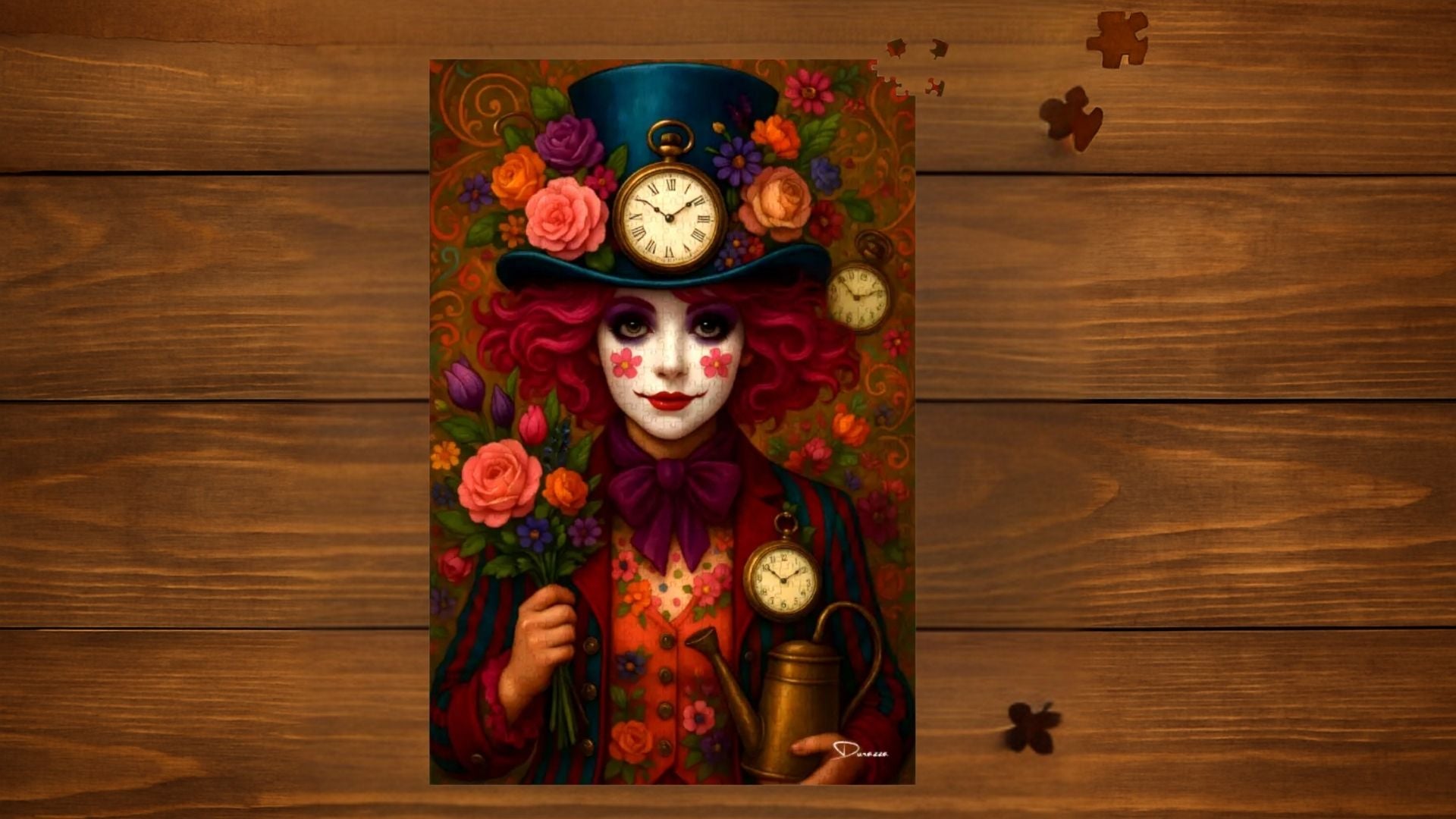 Whimsical jigsaw puzzle on rustic wood background featuring a floral Mad Hatter-style figure with vintage clocks and bouquet.