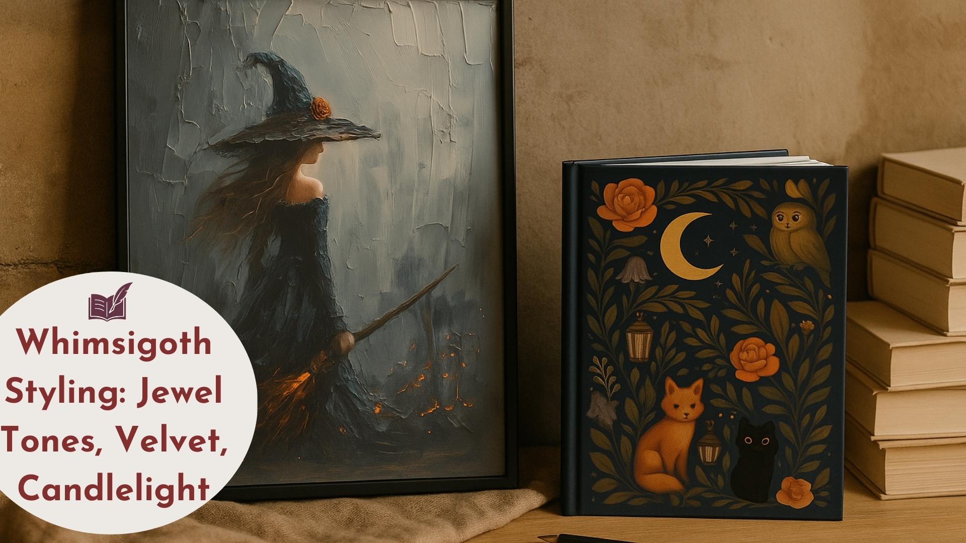 Whimsigoth Home Decor including a framed witch painting and illustrated journal styled on a wooden surface with books and fabric, in warm, cozy indoor lighting.