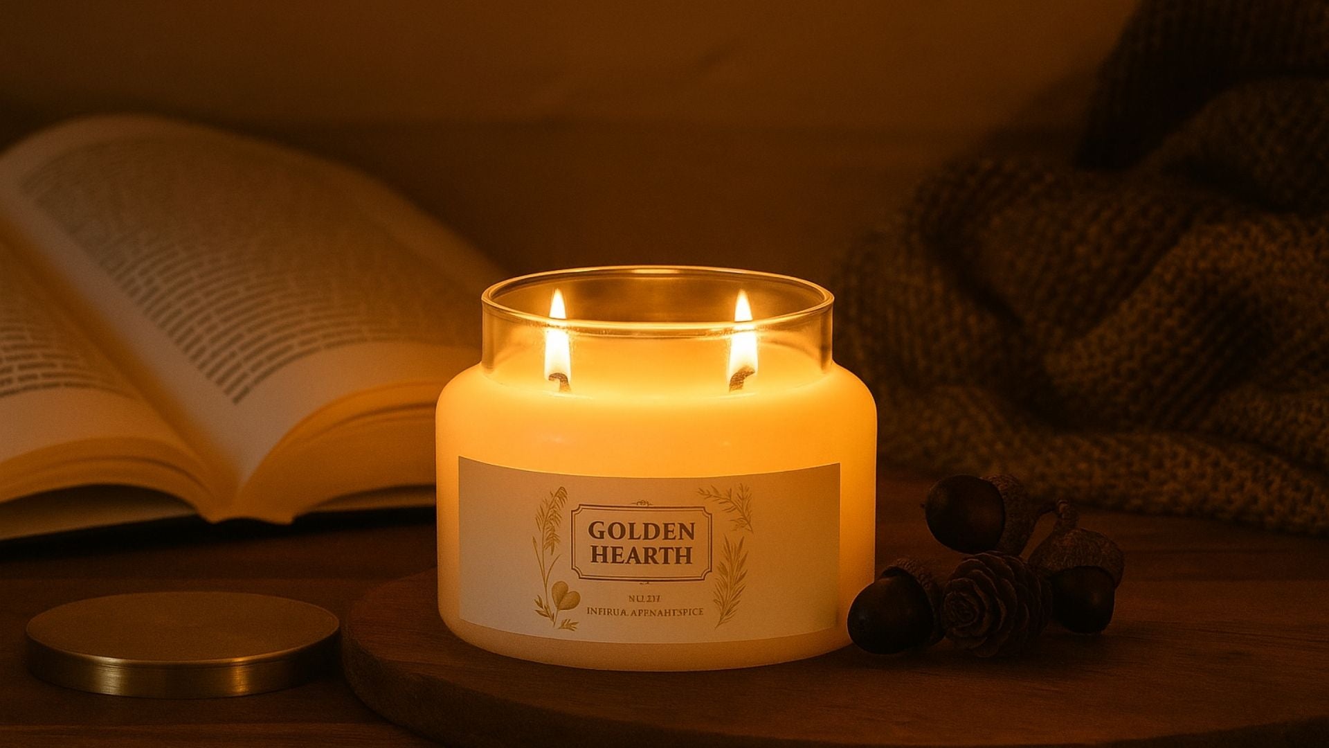 Lit “Golden Hearth” candle in a cozy setting with an open book, pinecones, and acorns, glowing warmly in soft ambient light.