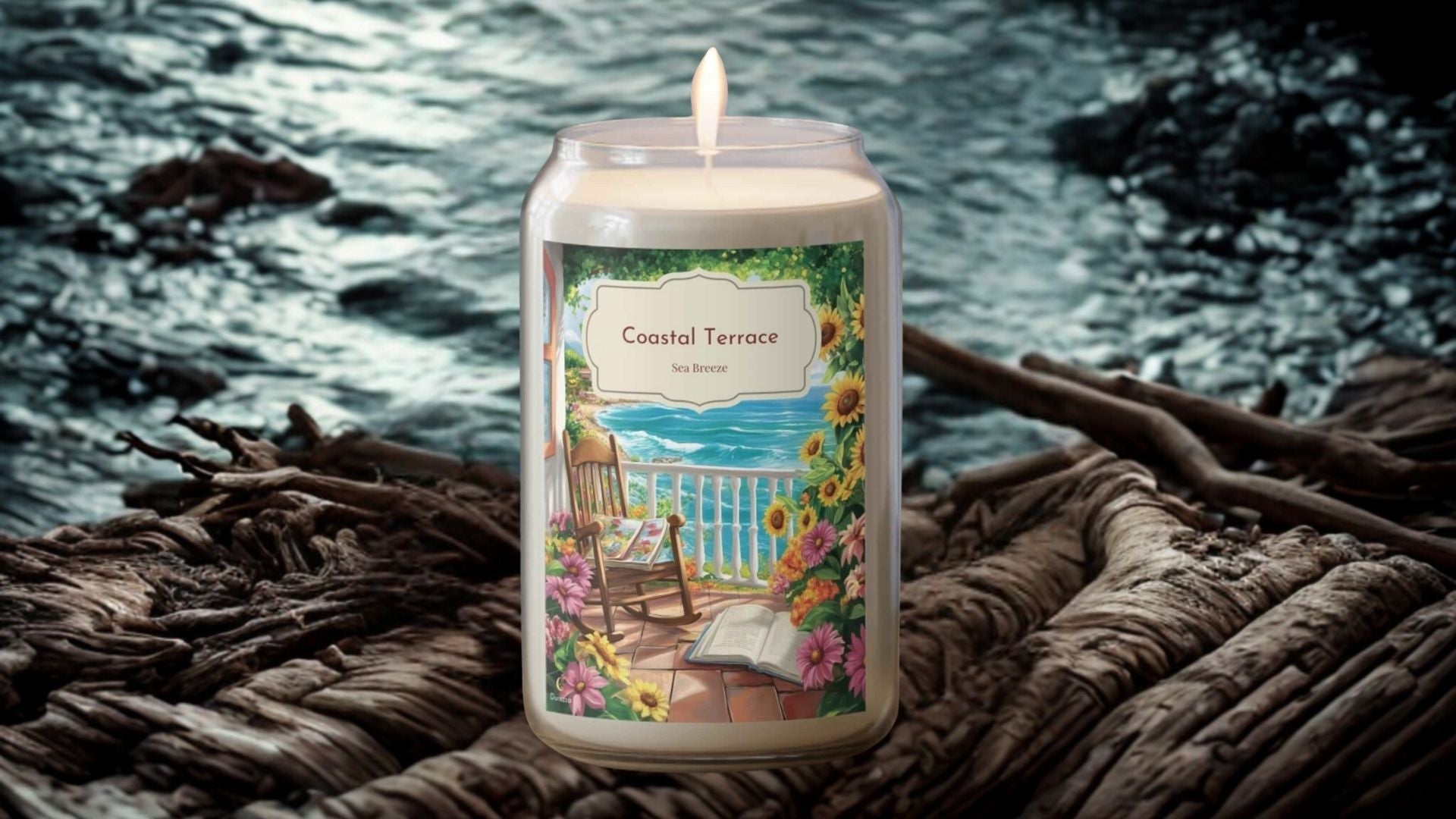 Beach scented candle sitting on a piece of driftwood.