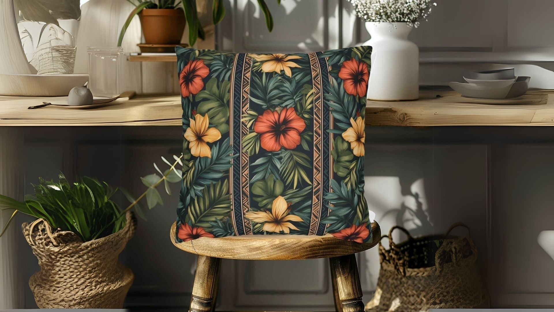 Tropical throw pillow with hibiscus flowers and palm leaves sitting on a wooden stool.