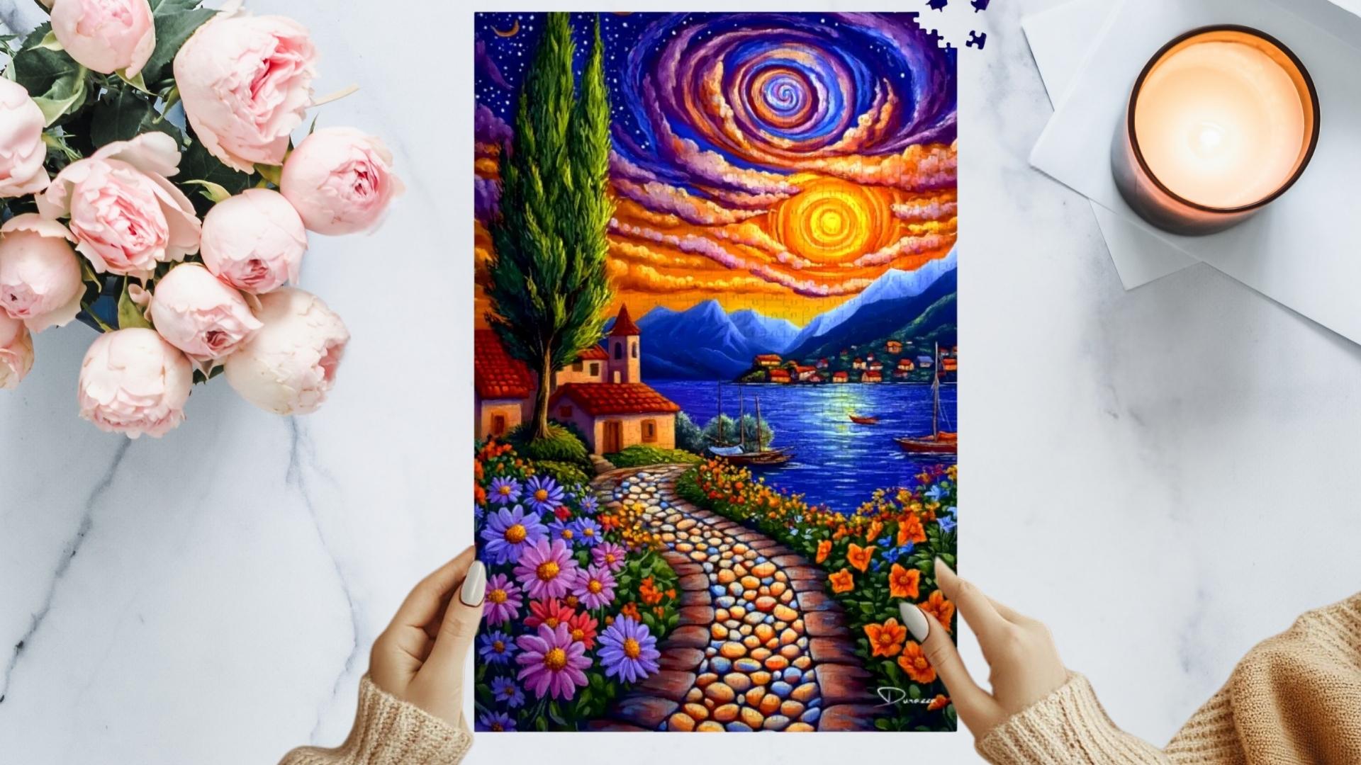 Hands holding a colorful Sunspire Bay jigsaw puzzle featuring a coastal landscape at sunset, surrounded by flowers, a candle, and pink peonies on a marble table.