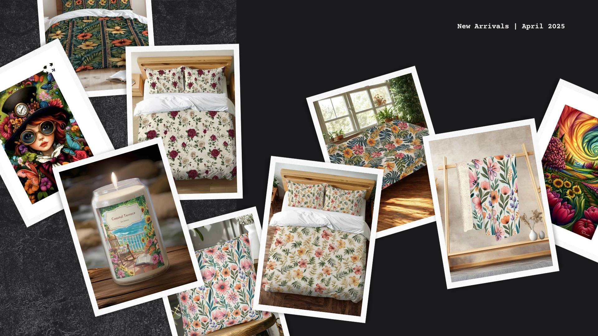 Cozy spring home decor for the April 2025 new arrivals: earthy pillows, scented candles, floral duvet cover, and cozy blankets.