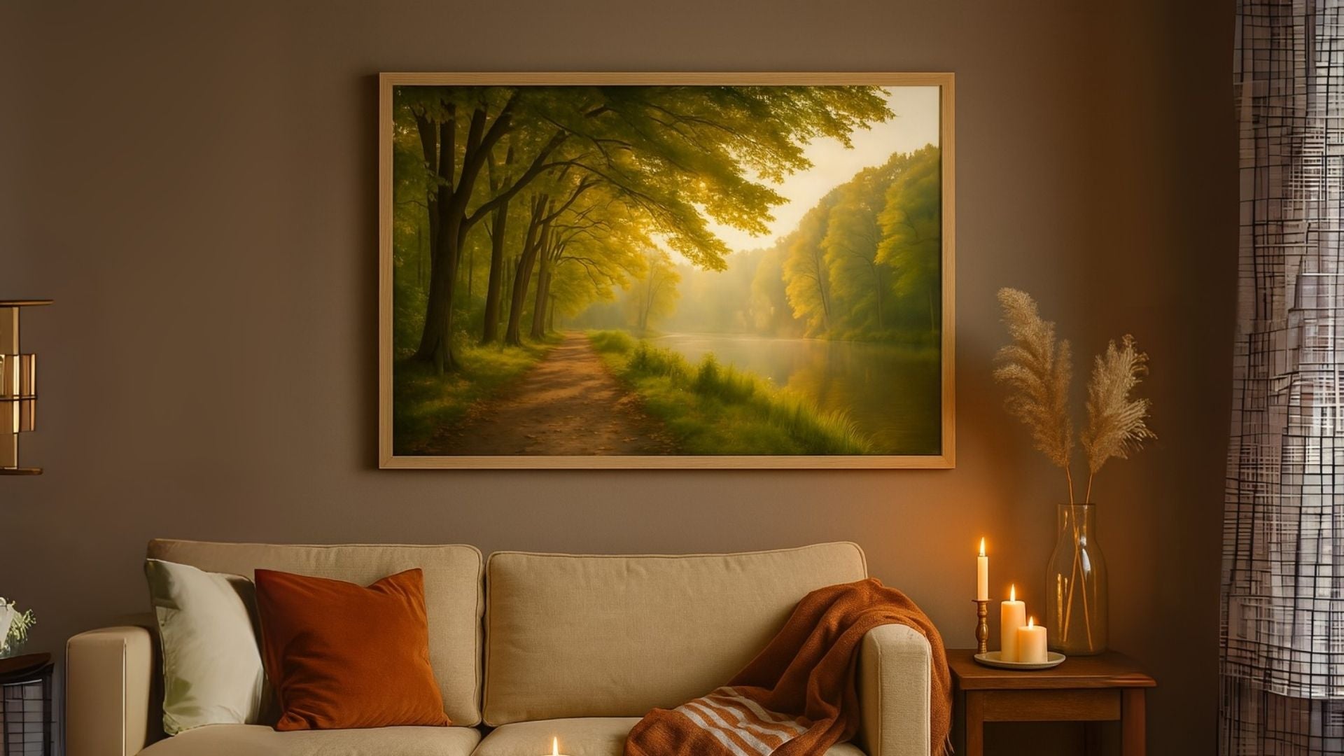 Cozy autumn living room with a beige sofa, warm-toned pillows, and a framed forest path wall art glowing with golden light.
