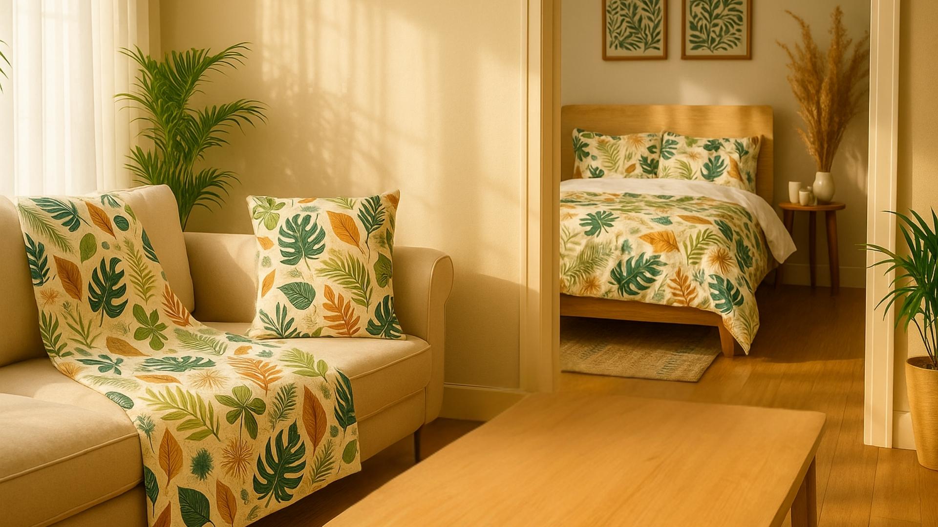 Sunlit coastal bedroom scene with a leafy-patterned Palm Drift blanket, matching pillow on a stool, and coordinated duvet on the bed