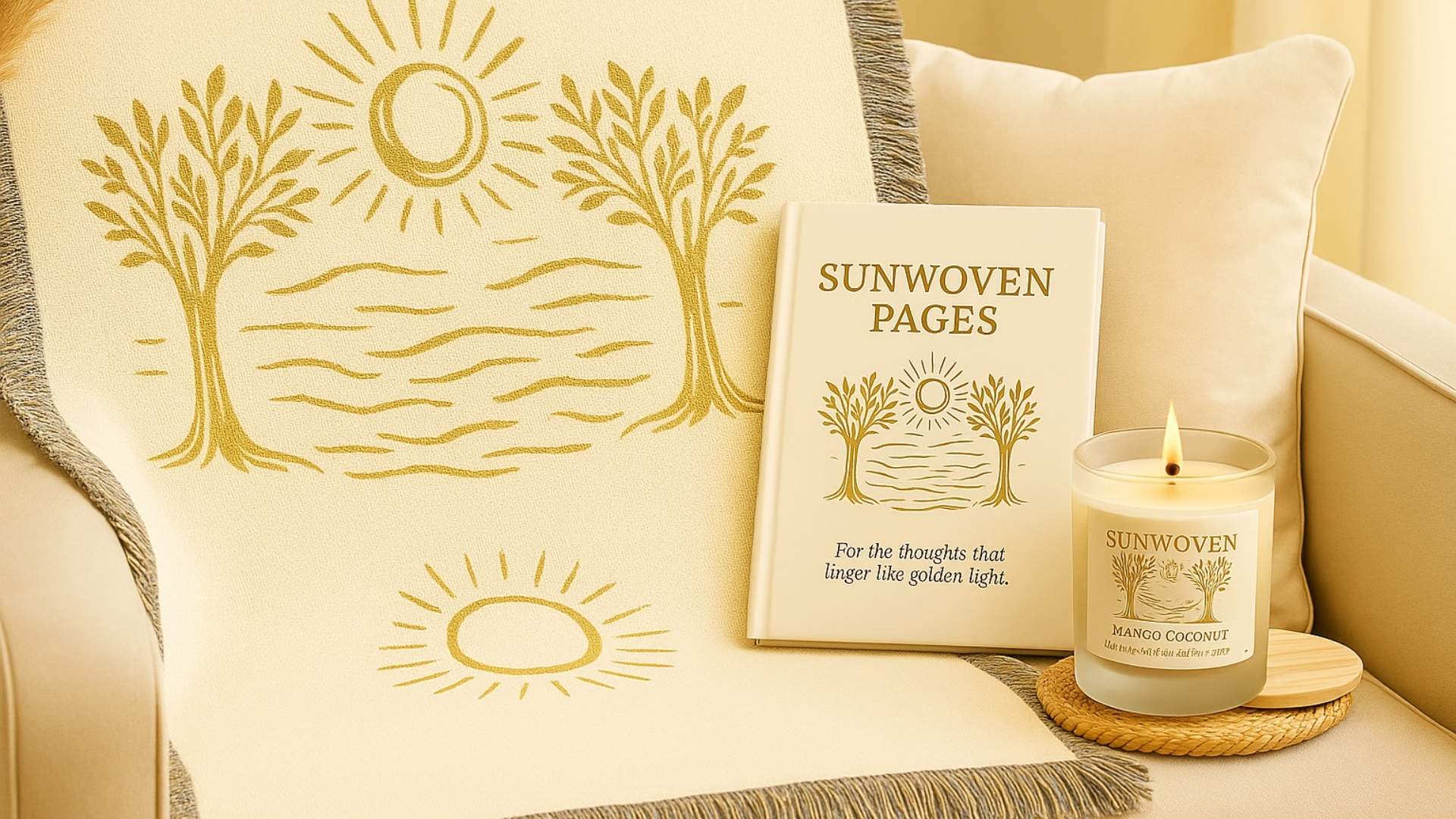 Cozy sunlit reading nook featuring a woven blanket draped on a chair, a lit candle on a side table, and a journal resting nearby.