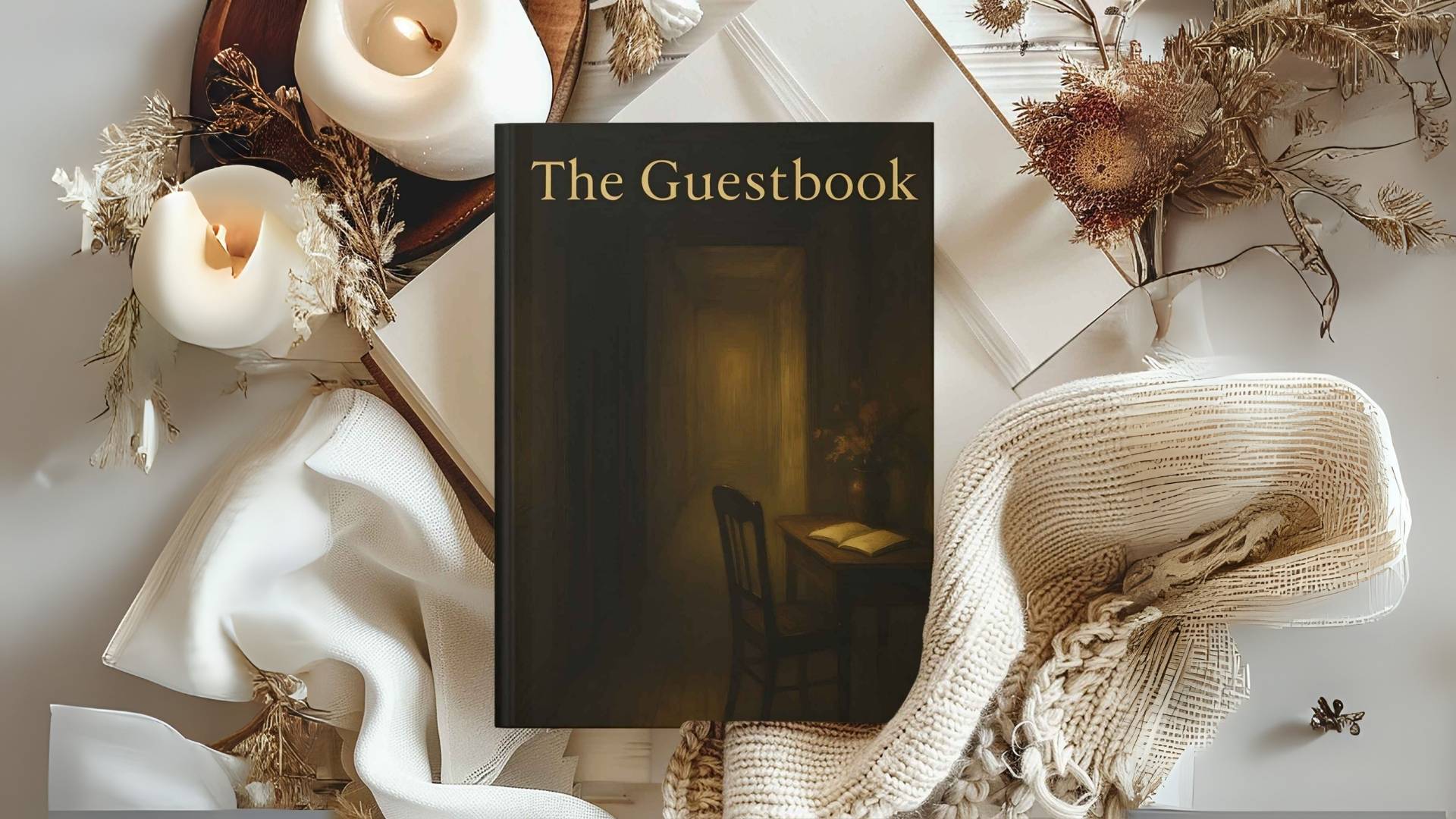 Moody flat lay with glowing candles, dried florals, and a dark journal titled 'The Guestbook' on a cozy neutral background.
