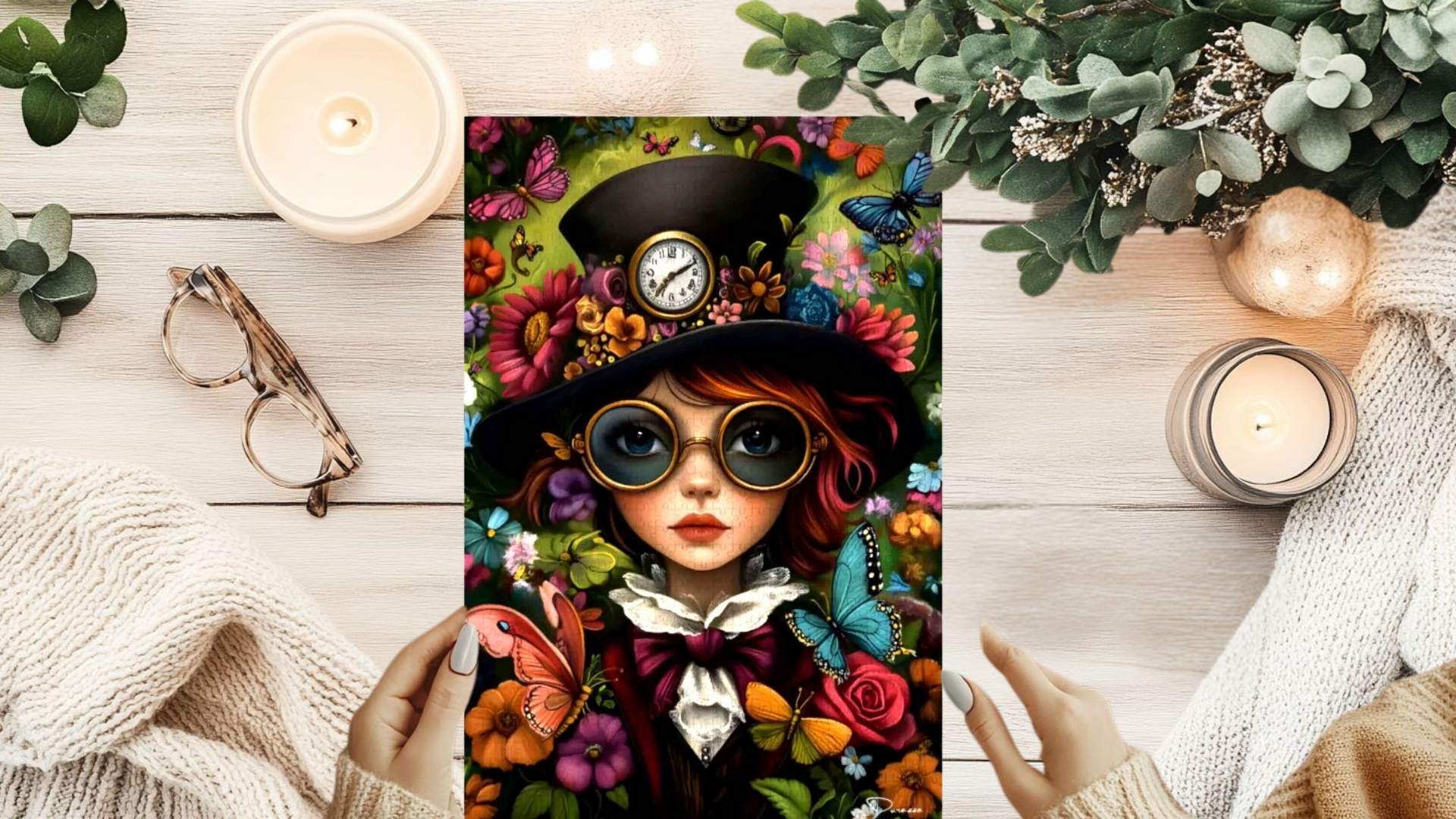 Steampunk jigsaw puzzle in progress on wooden table with warm lighting and cozy ambiance.