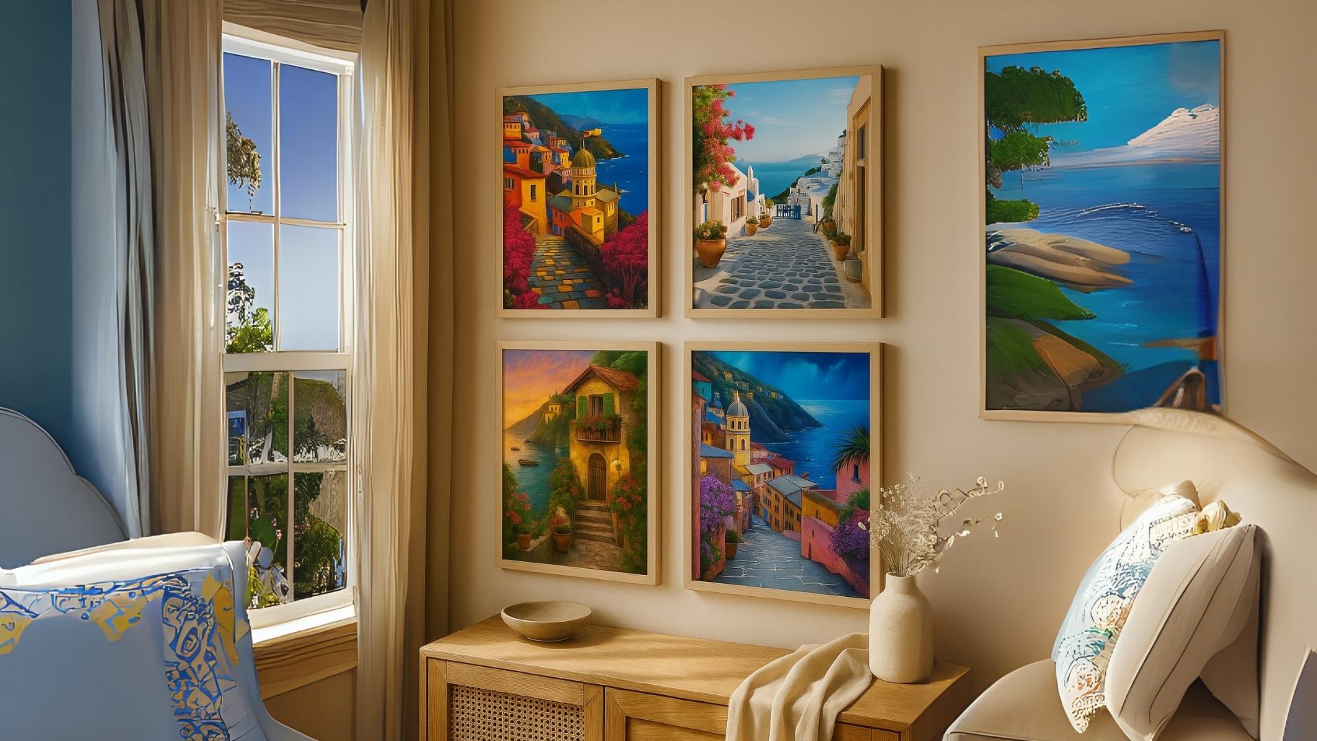 Mediterranean gallery wall with framed Greek and Italian coastal art in a sunlit bedroom.