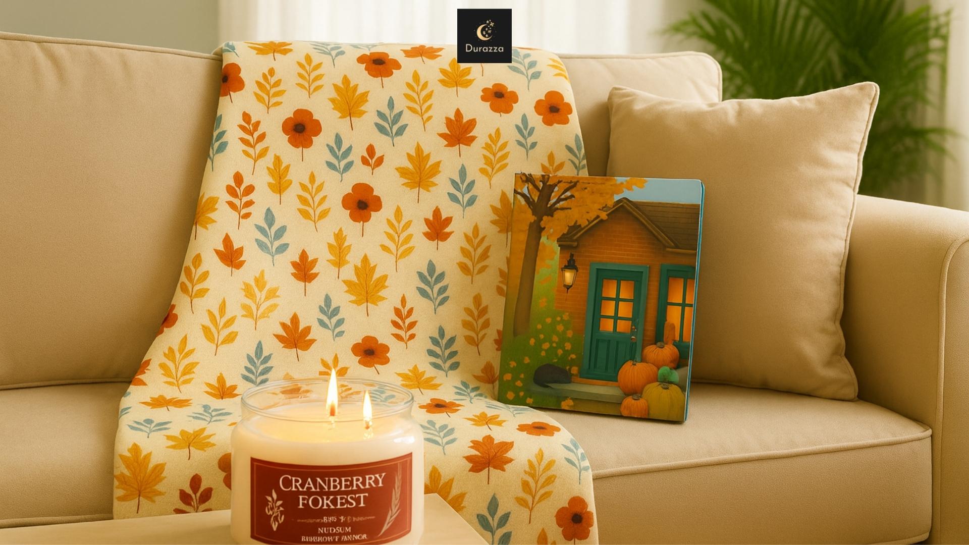 Autumn throw blanket, lit cranberry candle, and cozy journal on beige sofa with soft daylight and indoor plants.
