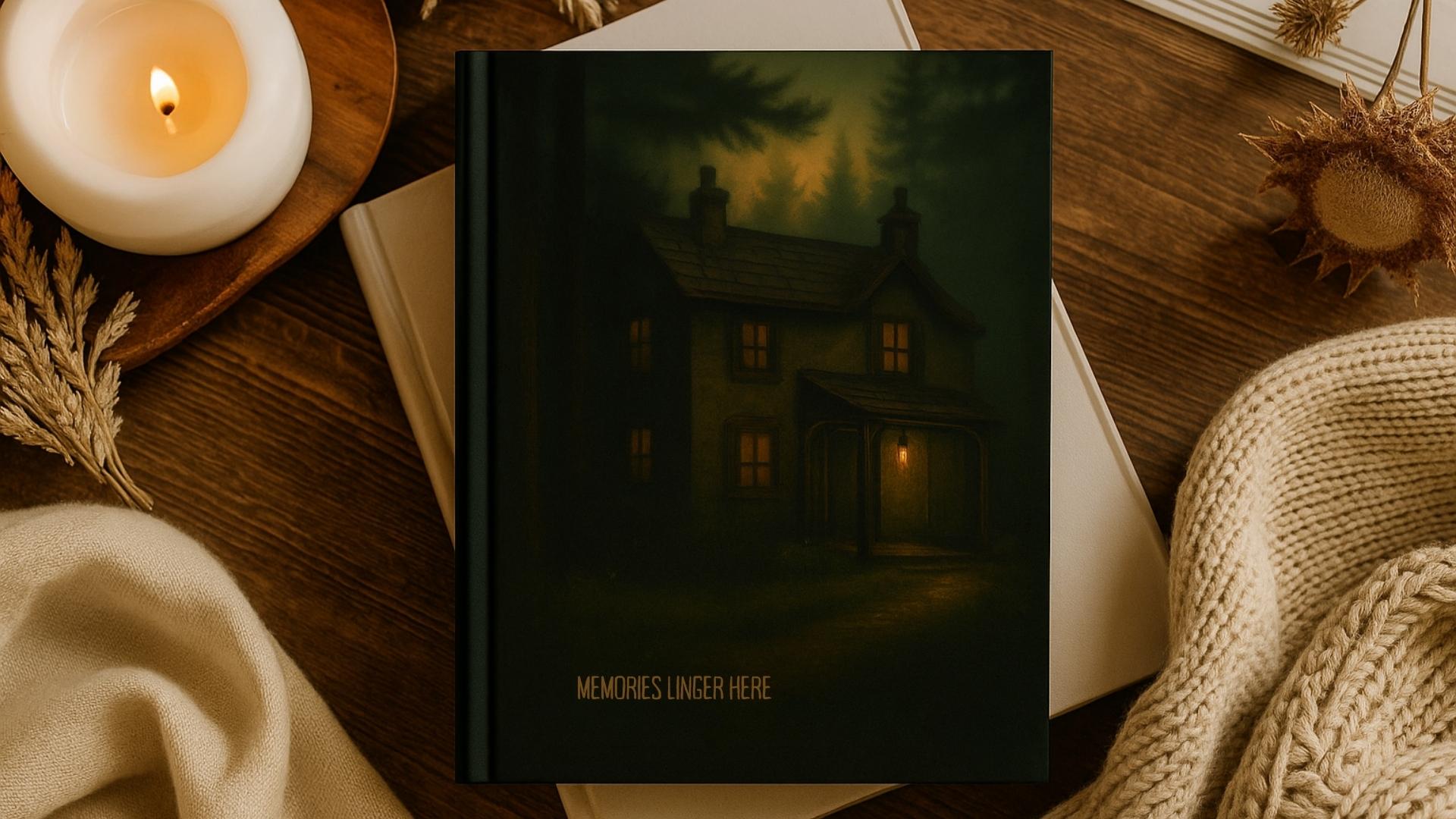 Hardcover journal with a moody forest cottage cover titled "Memories Linger Here," styled with a candle, dried flowers, and cozy knit blanket.