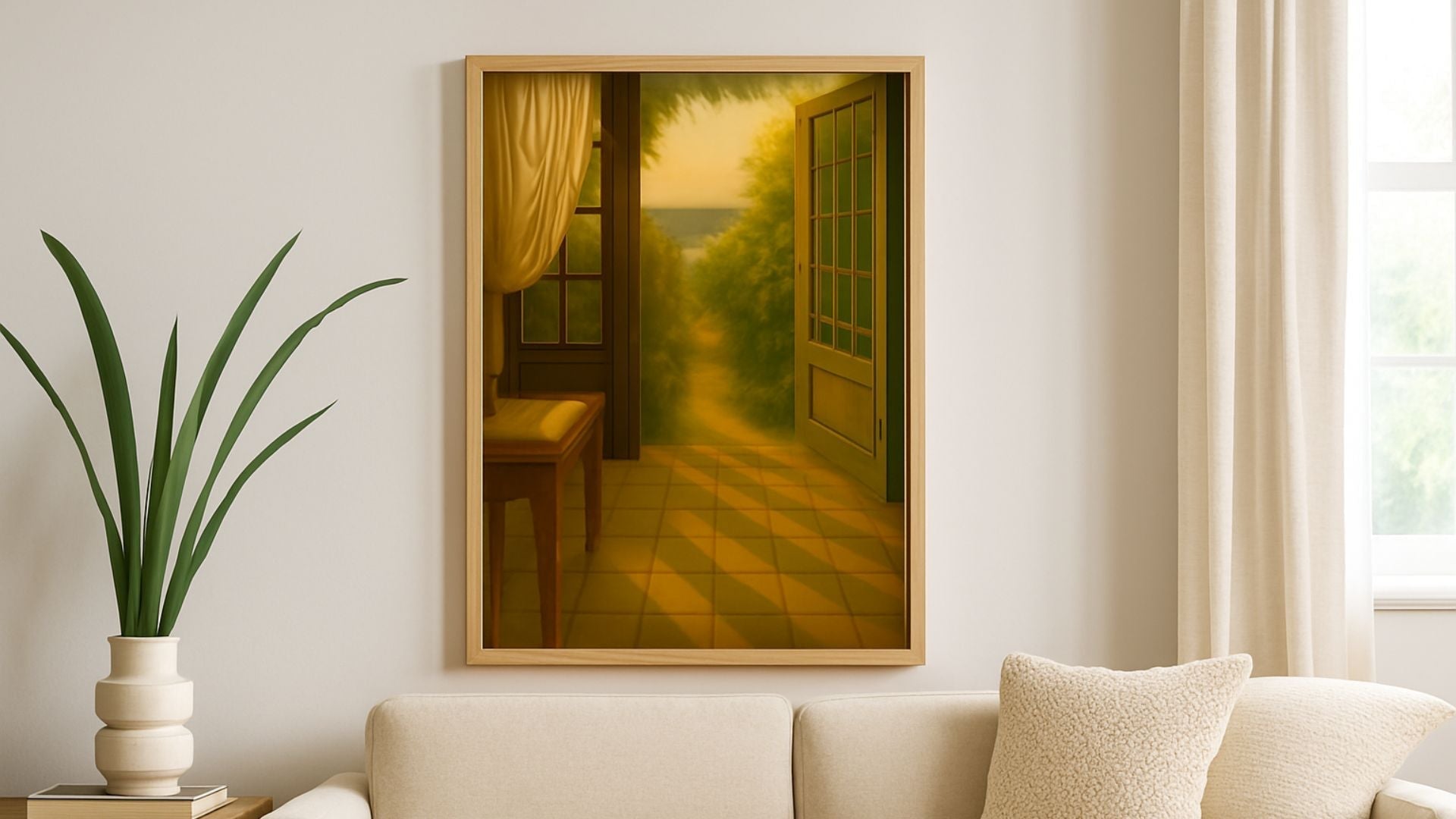 Bring home the glow of that perfect, sun-drenched threshold with our Cottagecore Wall Art: Sunlit Room and Sea View – Meadowtide.