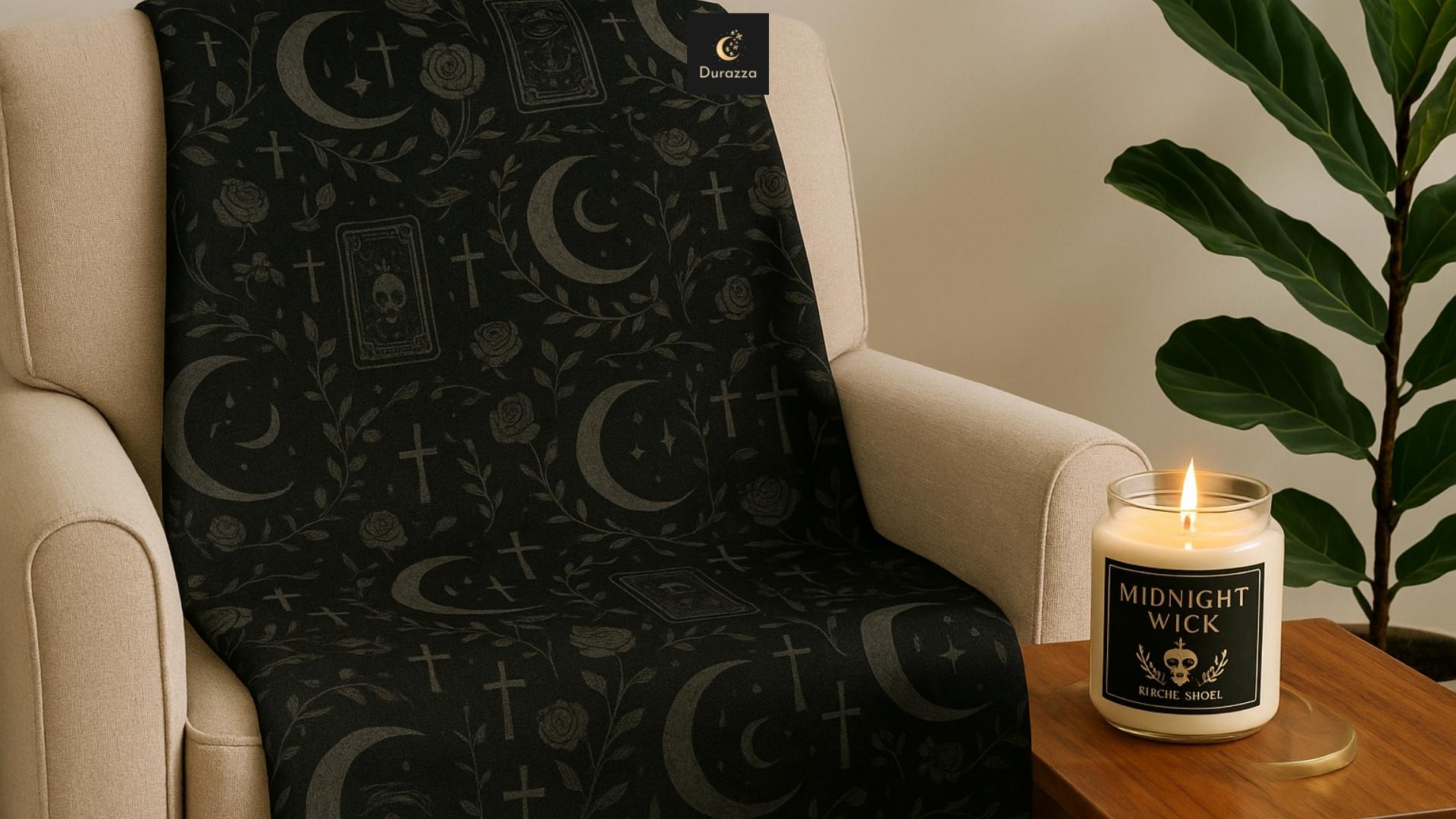 Beige chair with a black gothic-patterned throw, lit Midnight Wick candle on wood table, and green plant beside.