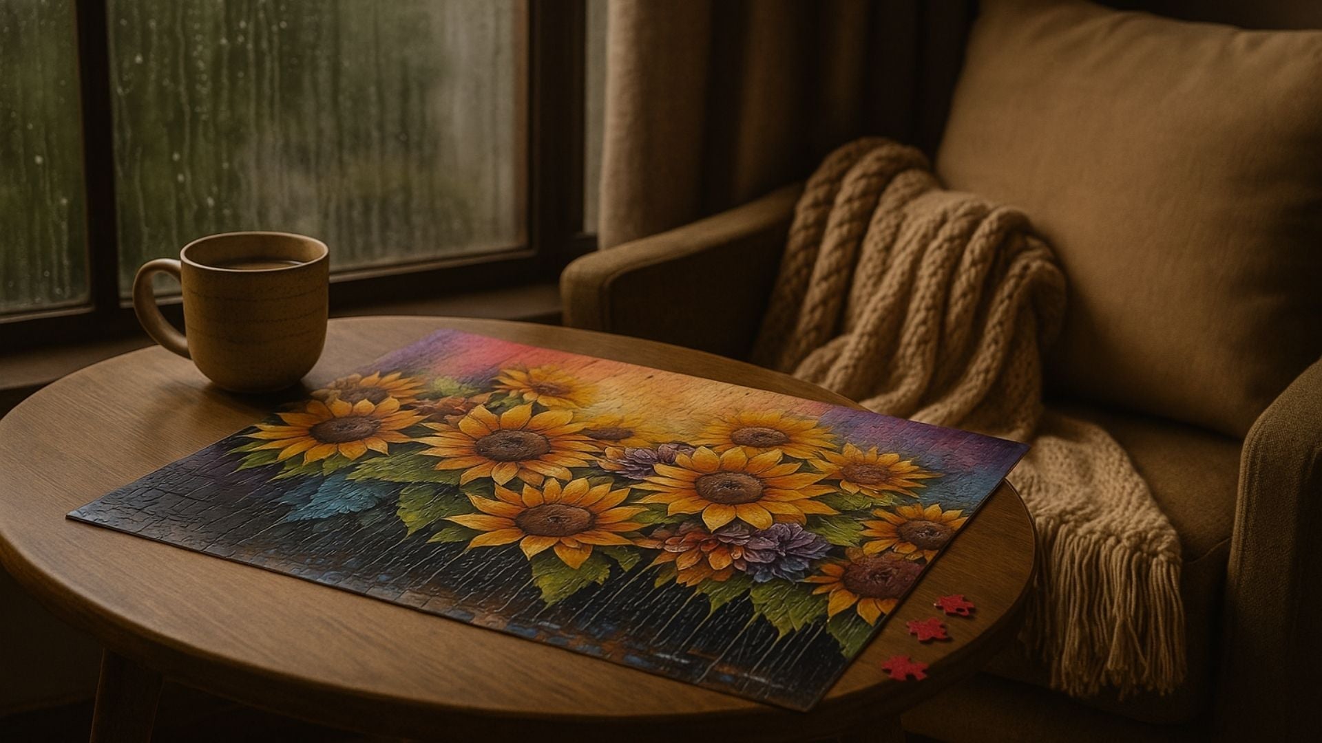 Raindrop Sunflower jigsaw puzzle in warm cozy room