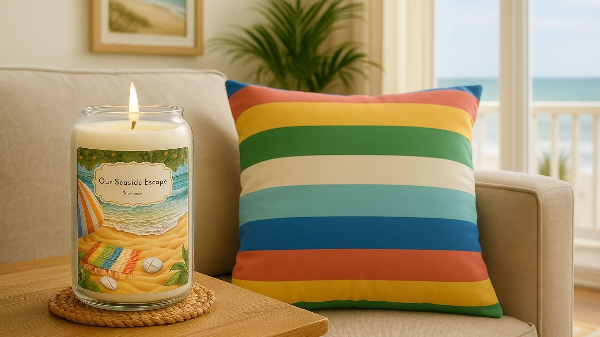 Seaside Escape candle and colorful striped pillow on a beige couch with ocean view in background.