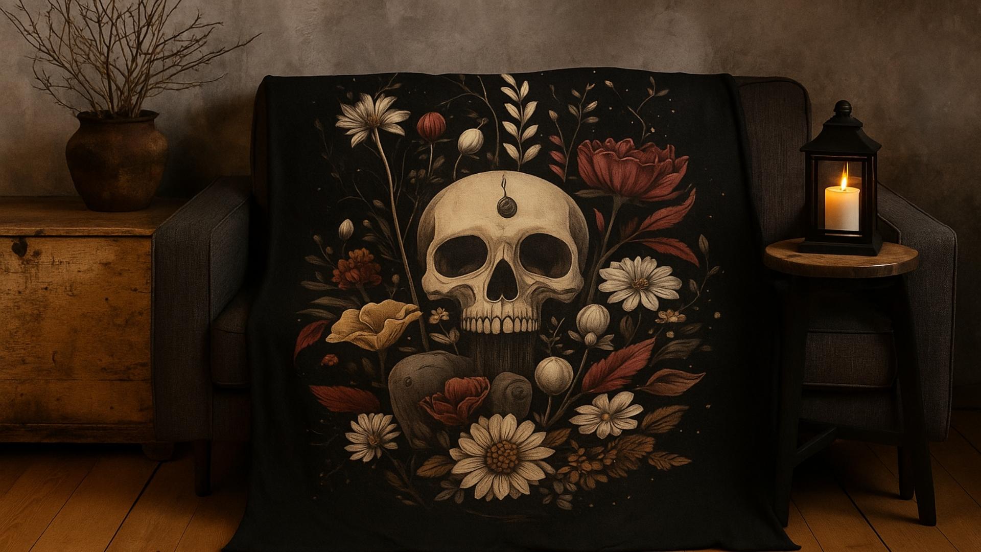 A gothic-style black blanket featuring a large skull surrounded by dark red and white flowers, draped across a dark wooden bench in a moody, with a vintage aesthetic.