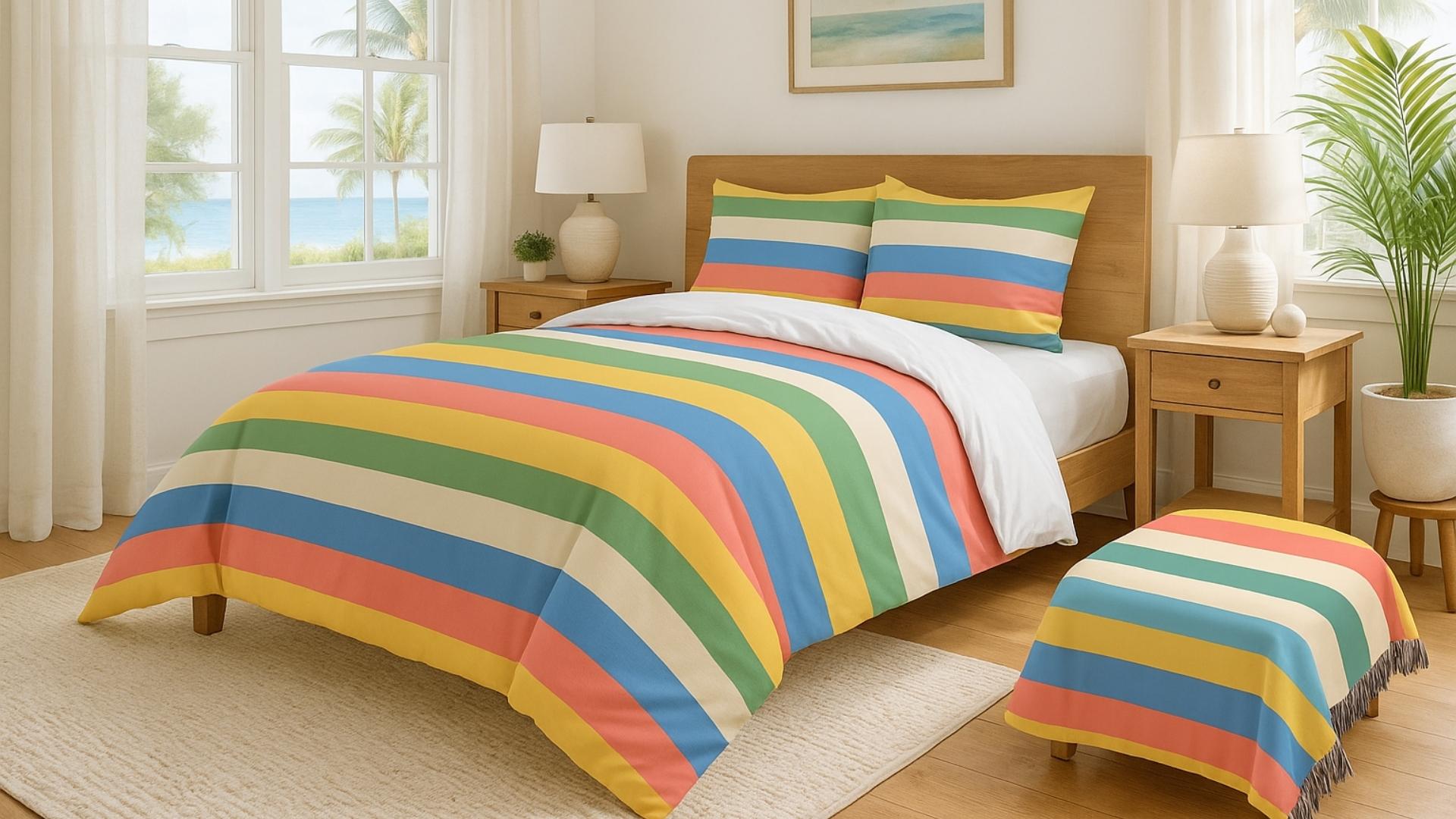 Seaside Stripes duvet set in bright summer bedroom