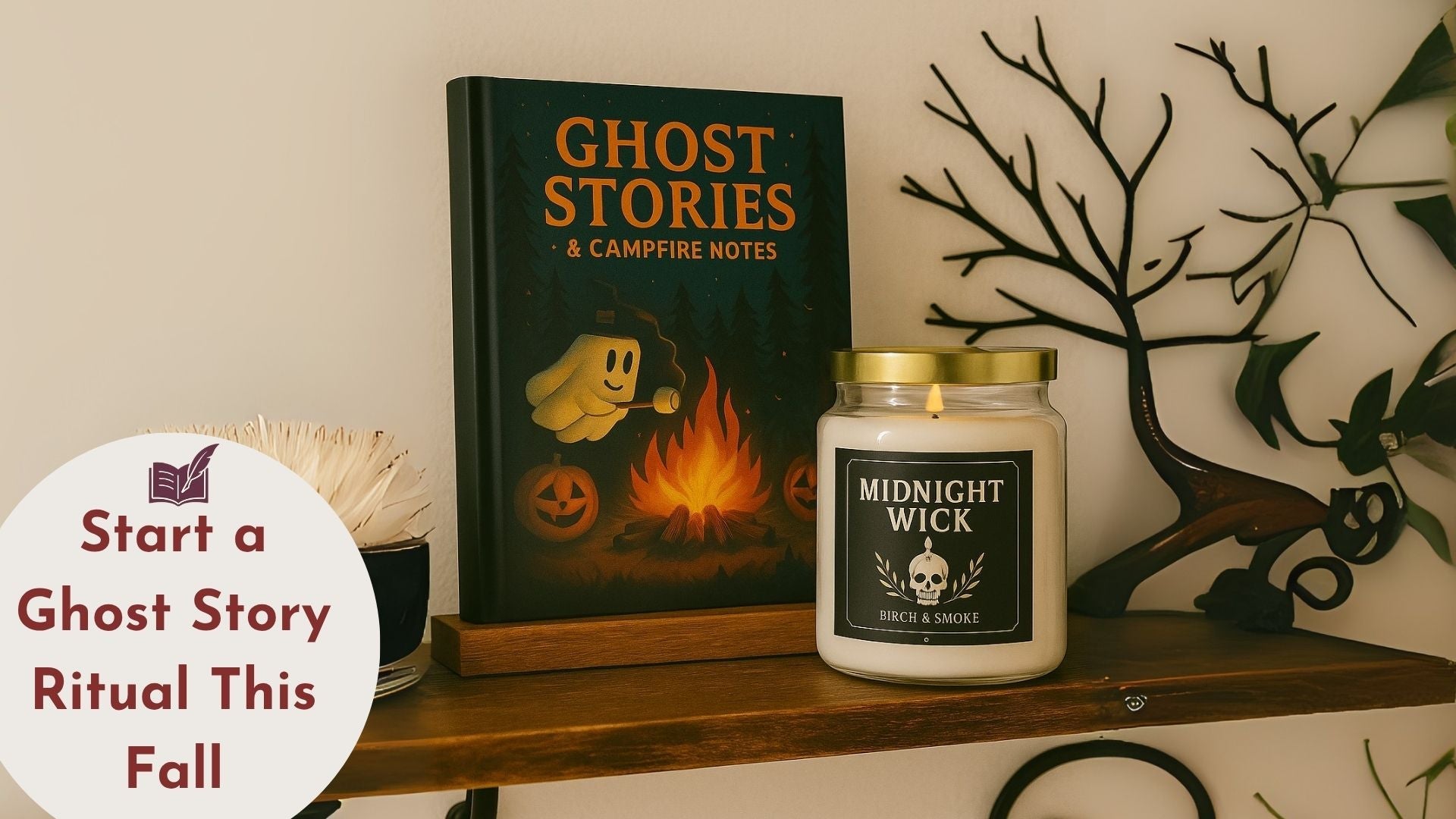 Ghost Story journal and spooky candle styled on a shelf with fall decor, perfect for cozy autumn rituals.