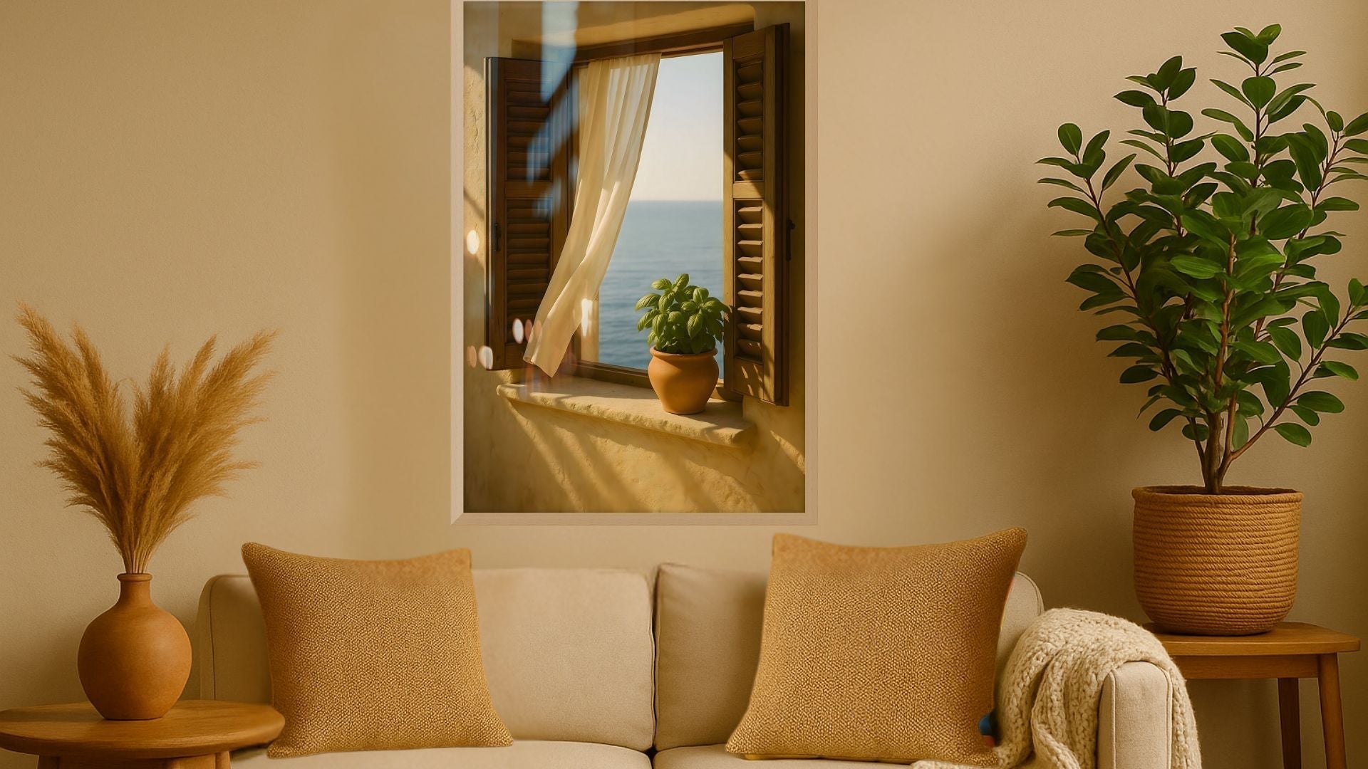 Rustic sea view wall art in soft coastal living room