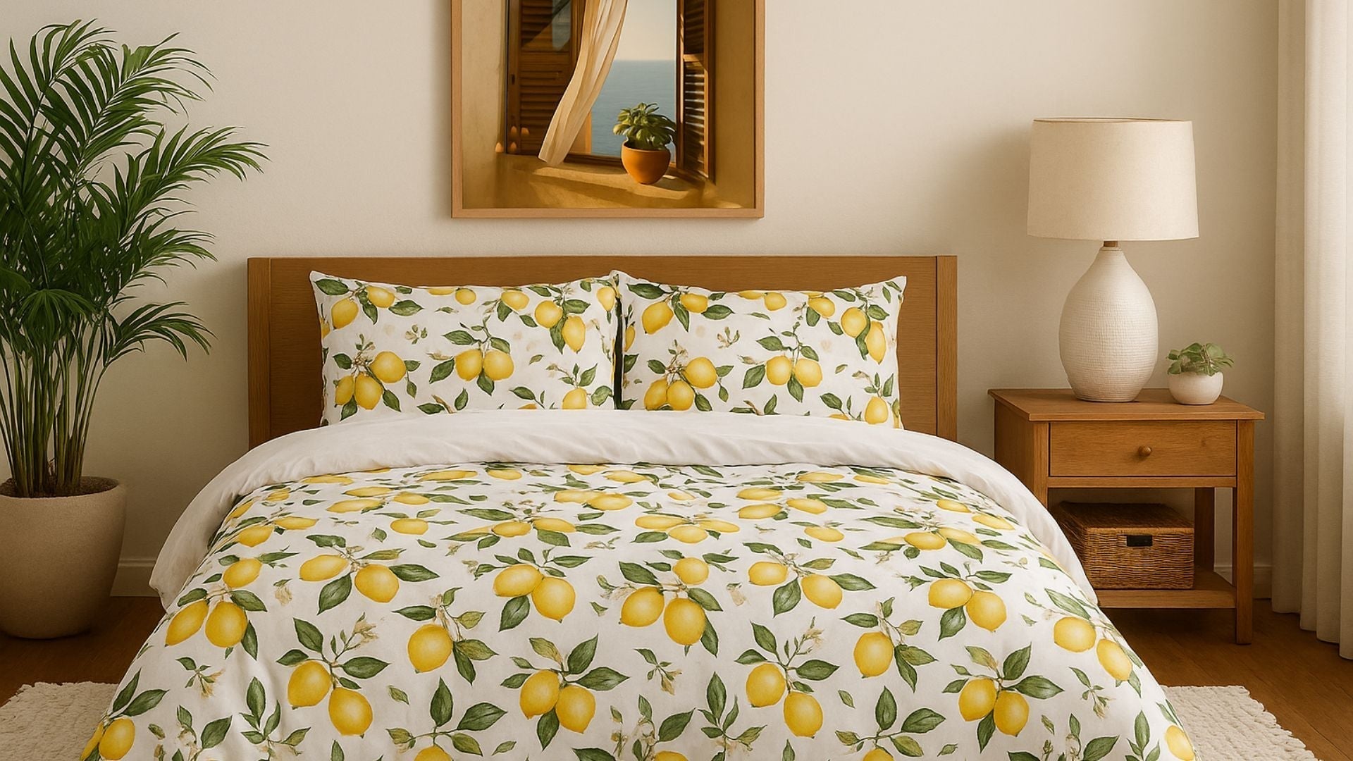 Lemon-patterned duvet cover in bright sunlit bedroom