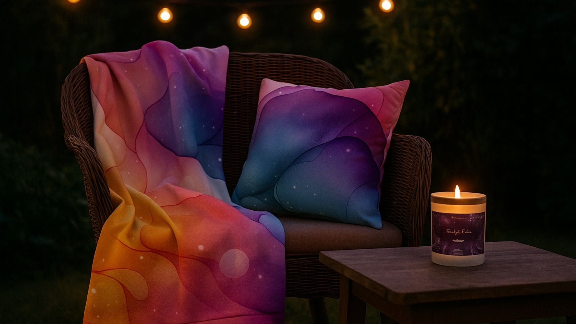 Twilight Calm candle glowing on outdoor dining table. Nighttime scene with a cosmic tides pillow and blanket in backyard.