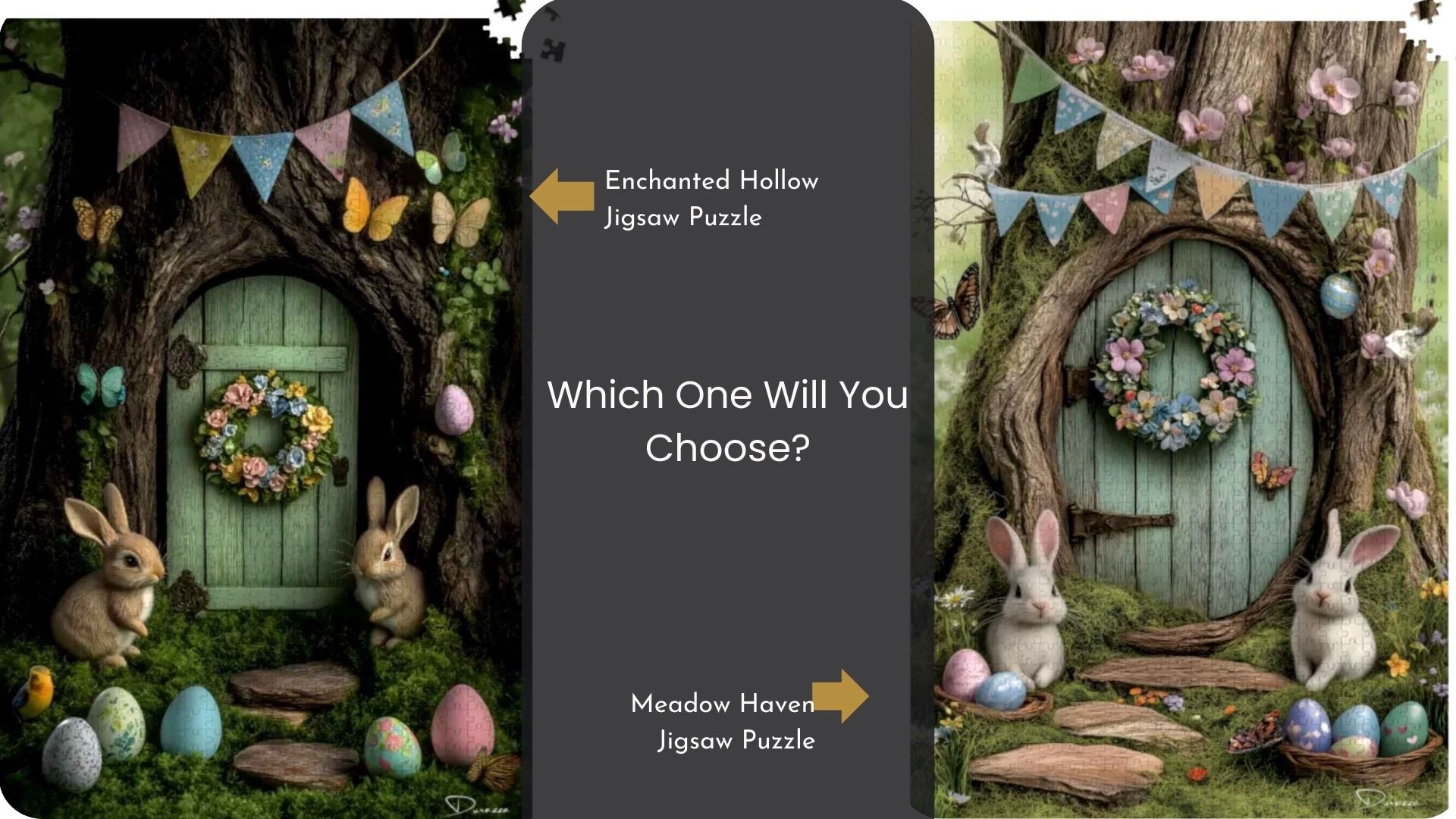 ide-by-side comparison of Enchanted Hollow and Meadow Haven jigsaw puzzles. An arrow points between the two, asking 'Which will you choose?'