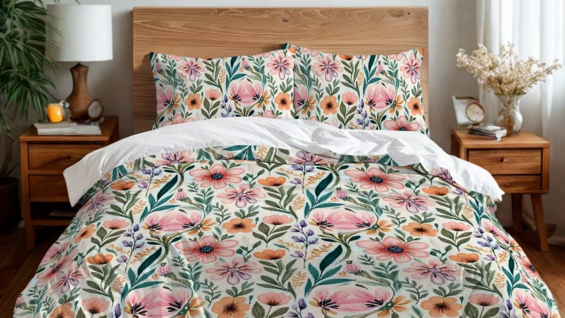 A light-filled bedroom featuring a soft floral throw blanket folded at the foot of a bed with a flower duvet and pillow set in pastel colors.