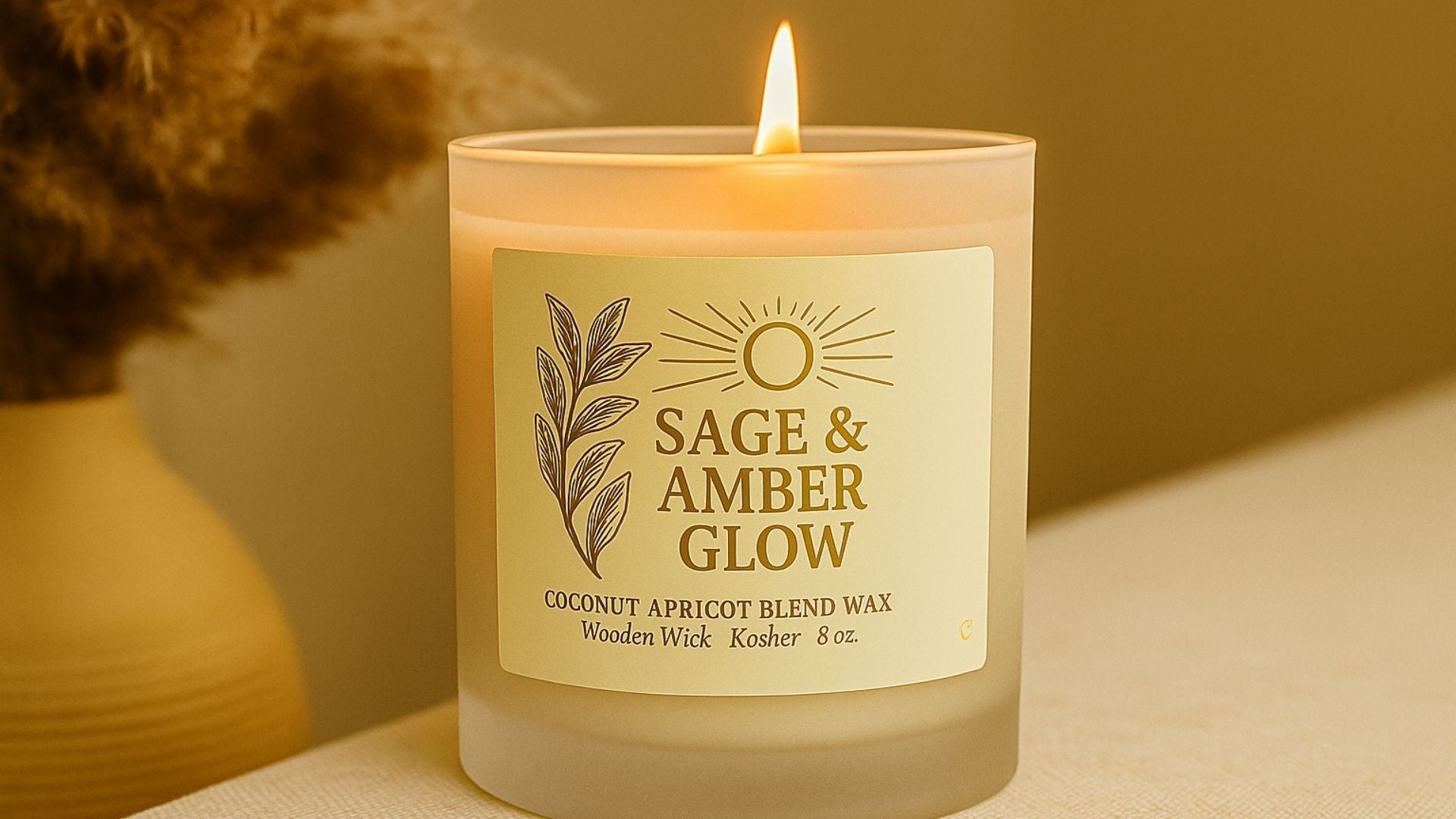 Lit Sage & Amber Glow candle in frosted glass on beige linen with soft background.