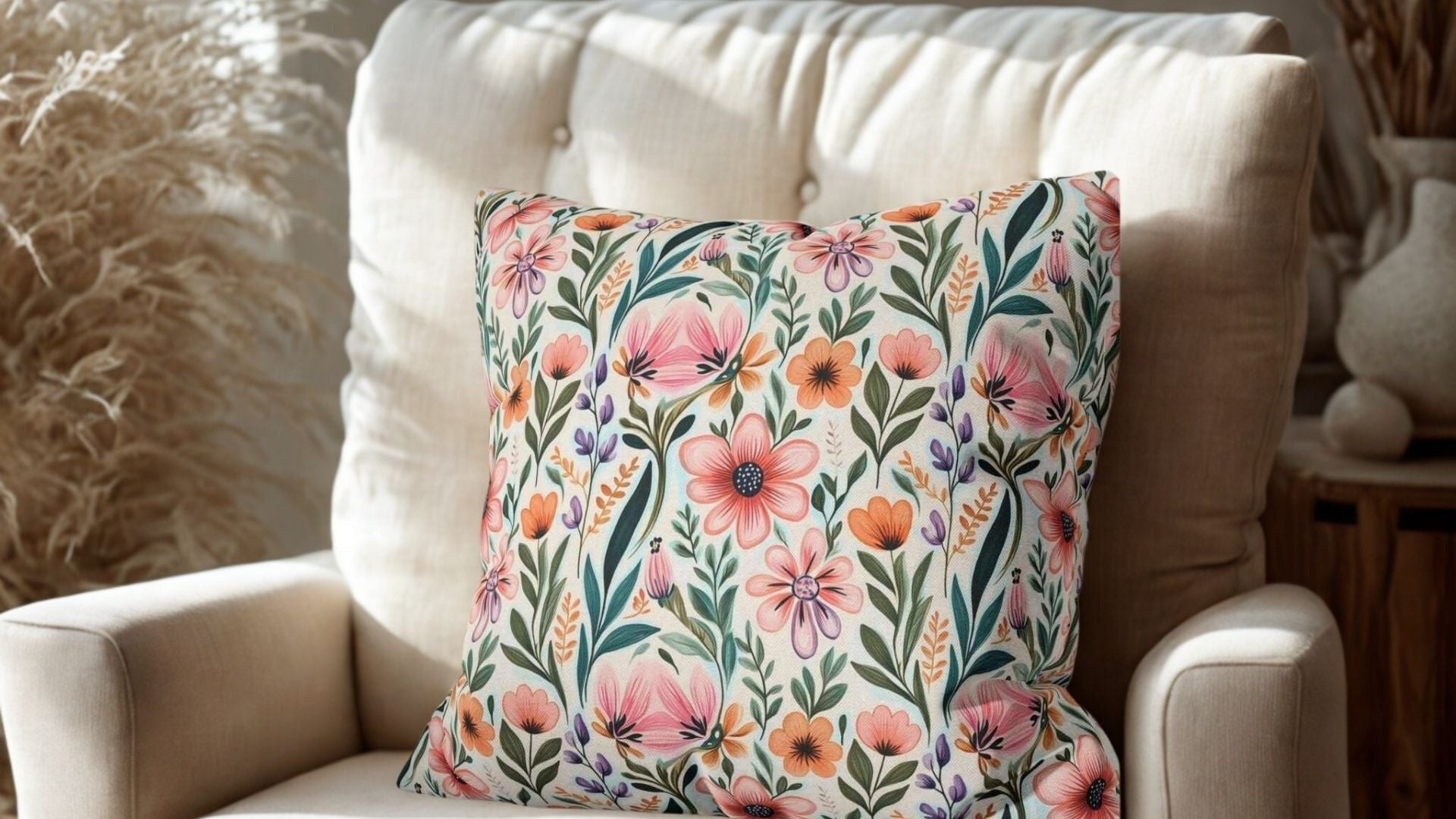 Floral throw pillow on neutral chair with soft blanket and natural lighting in a cozy, botanical-inspired home space.