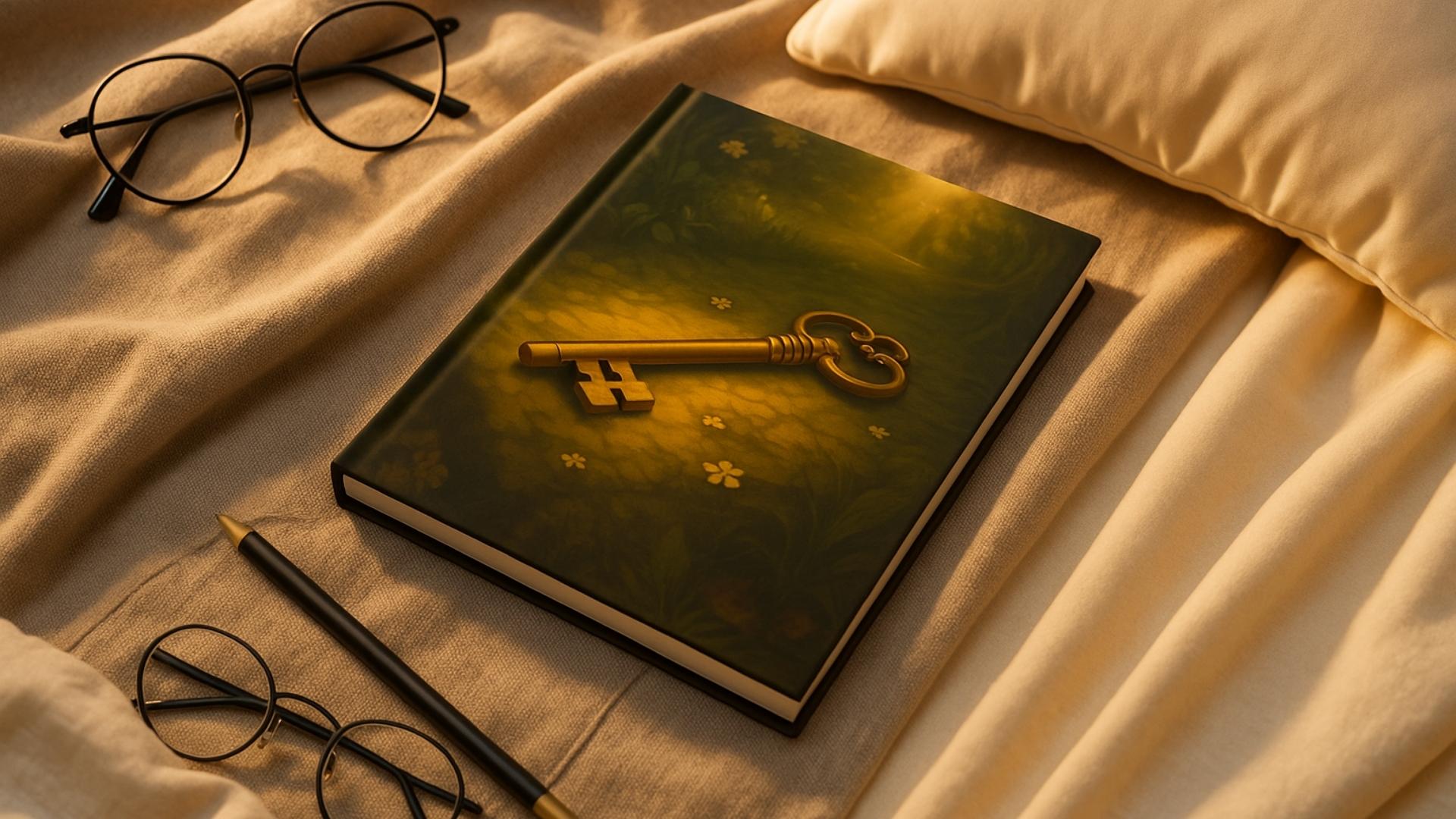 Hardcover journal with golden key design on cozy fabric, beside glasses and pencil in warm ambient lighting.